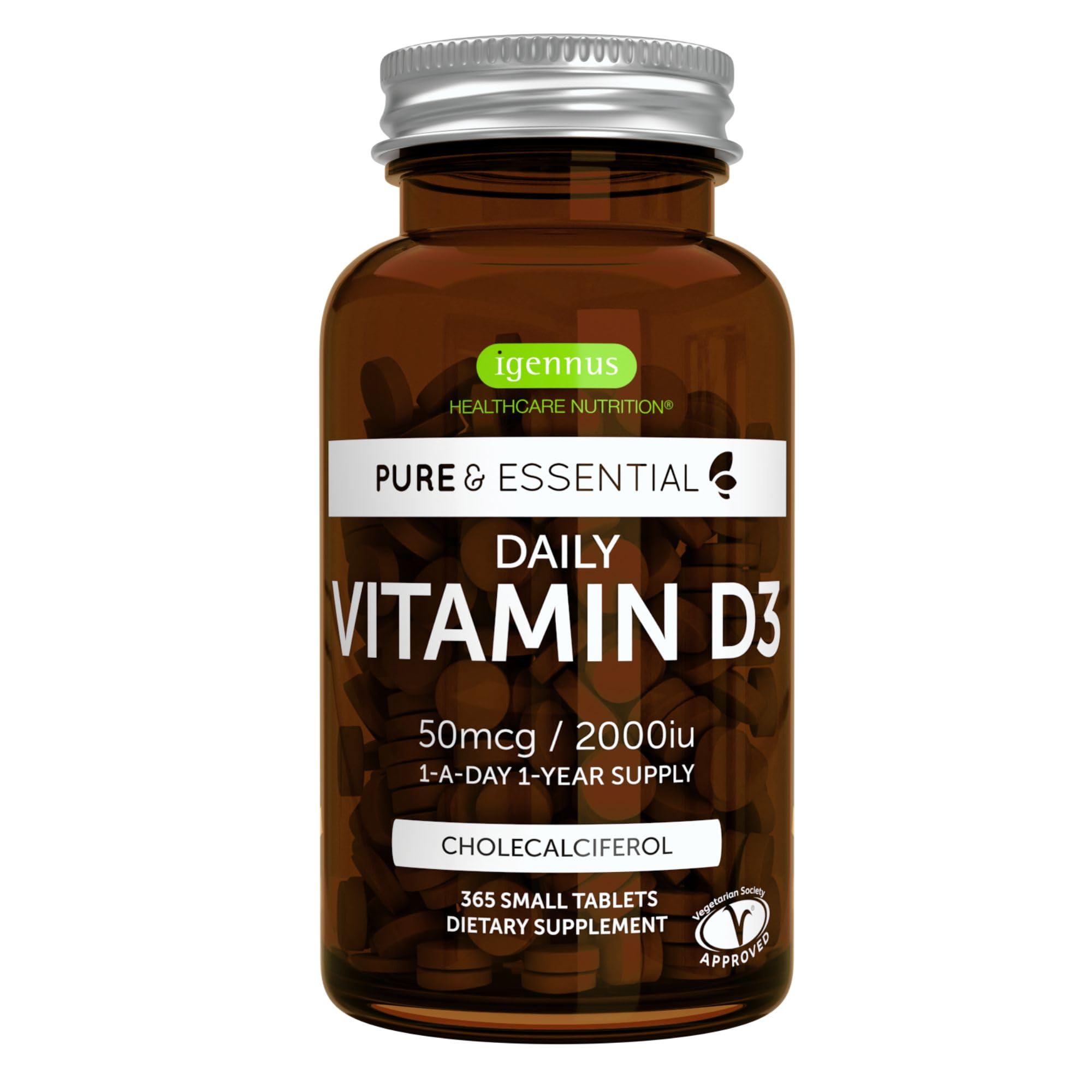 Igennus Vitamina D3 2000 UI, tabletas pequeñas, fáciles de tragar, uso diario.