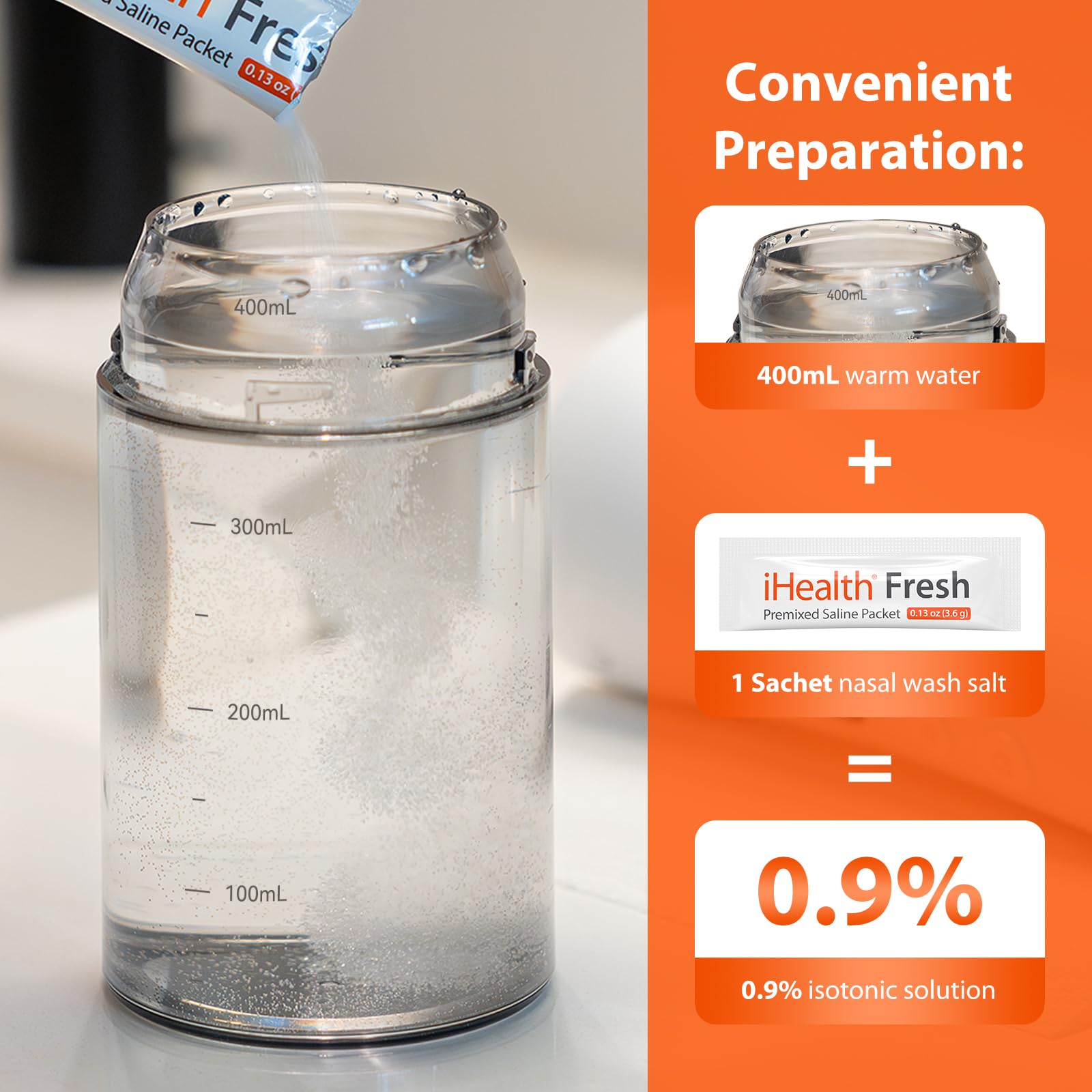 iHealth Fresh: mezcla con 400 ml de agua para irrigación nasal suave.