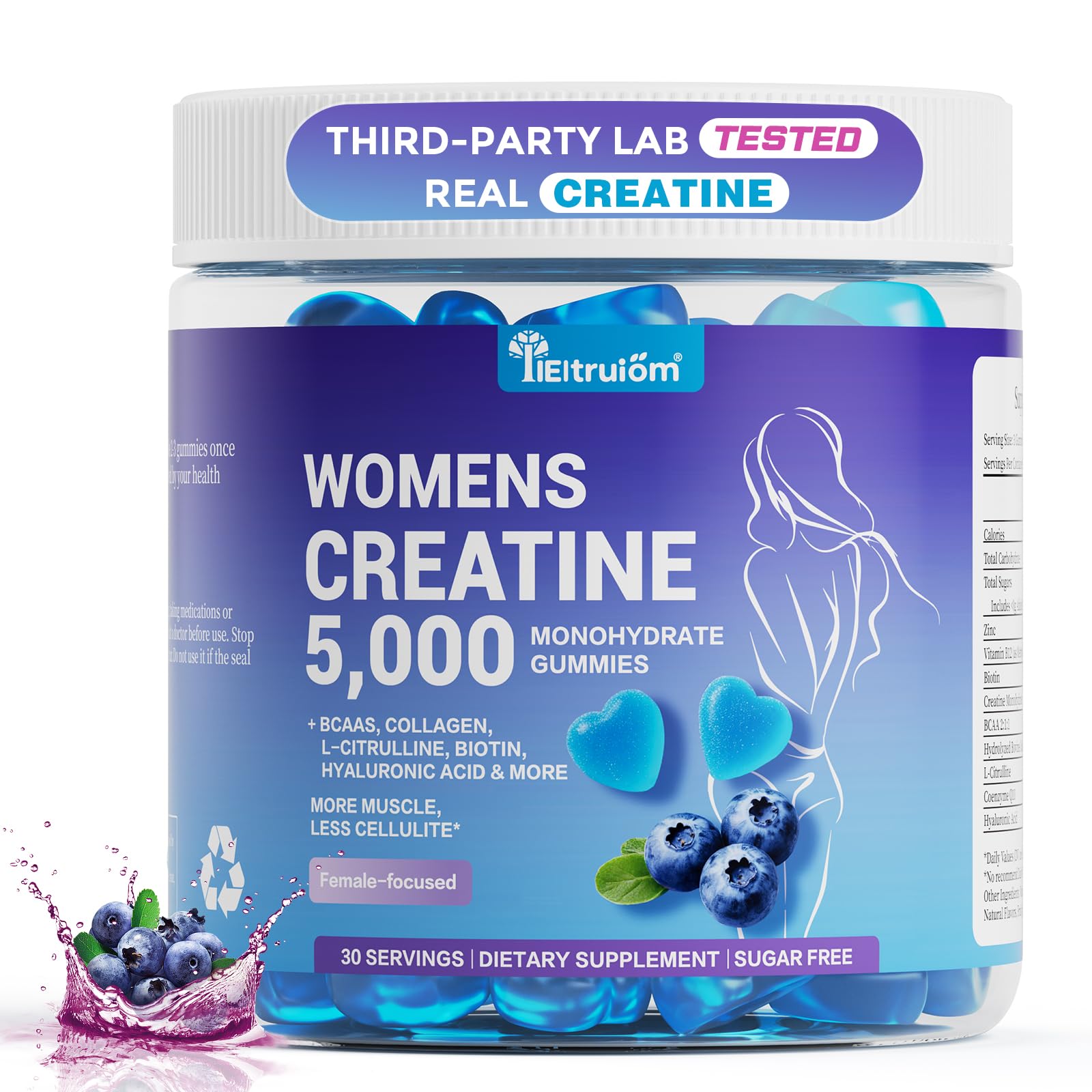IIEltruiom gominolas de creatina para mujeres, frente al bote, sabor arándano y conveniencia