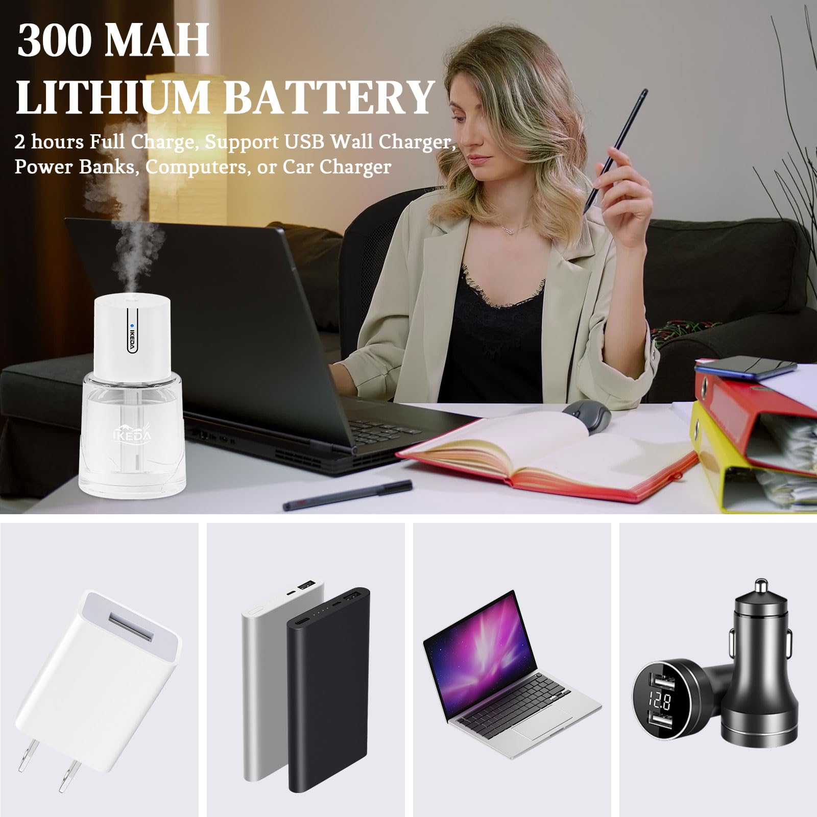 Difusor Ikeda con iluminación azul, verde y roja para ambiente personalizado.