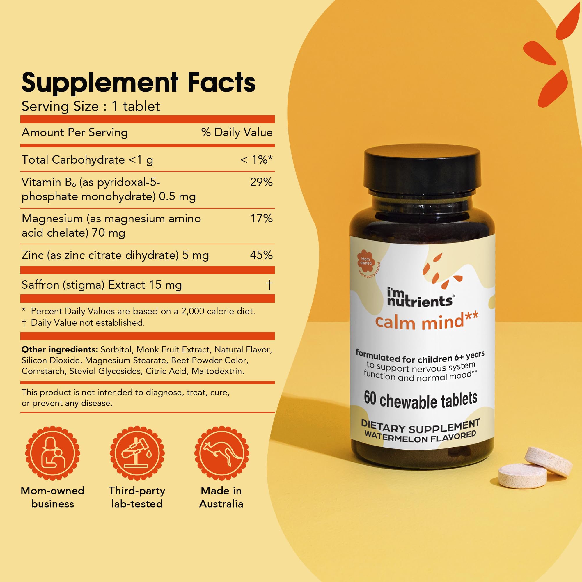 I'm Nutrients Calm Mind empaque colorido que facilita elegir suplementos seguros para niños