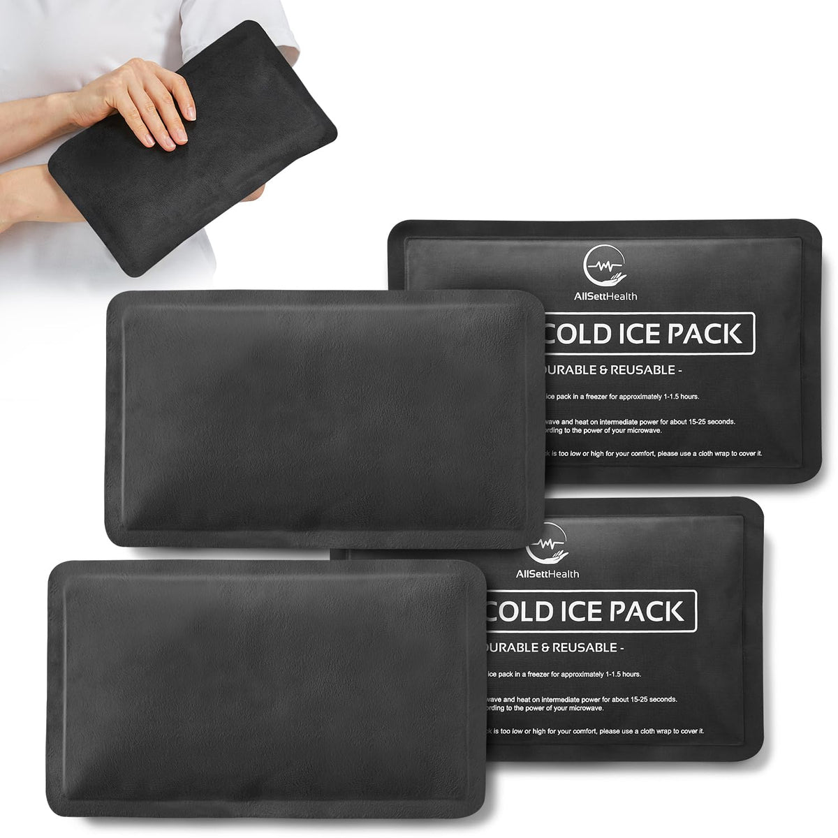 Conjunto de 4 Bolsas de Hielo Reutilizables AllSett Health - 10 x 6 pulgadas, Forro de Felpa y Nylon, Terapia Calor/Frío