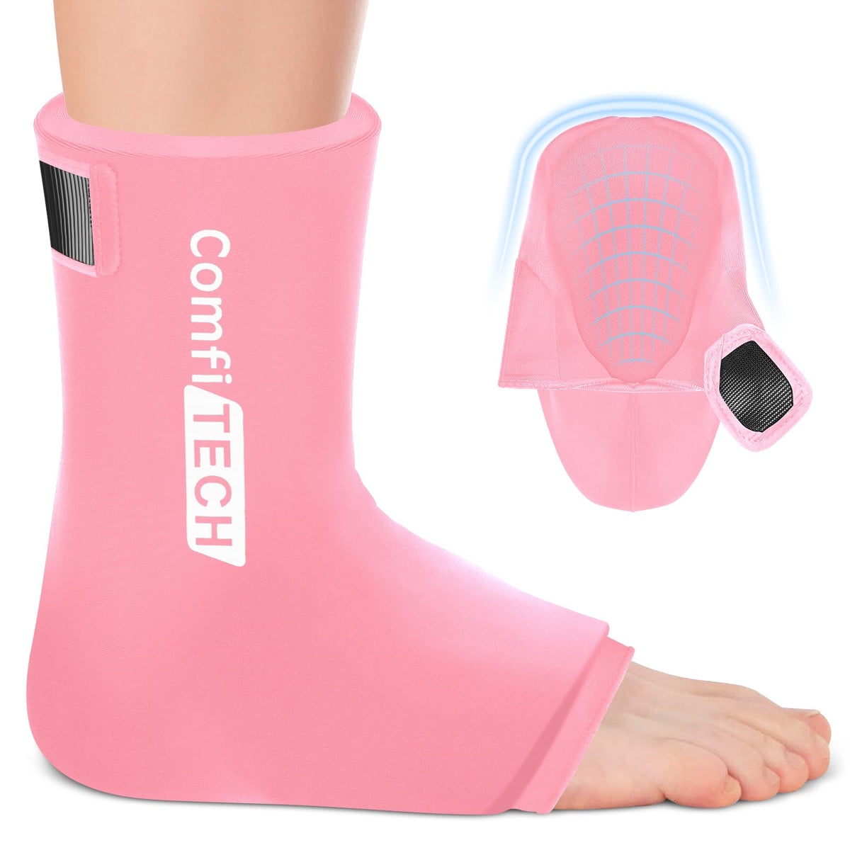 Comfiitech Ankle Ice Pack with Large Opening, Reusable Gel Pad for Foot and Heel, Extra Large, Pink