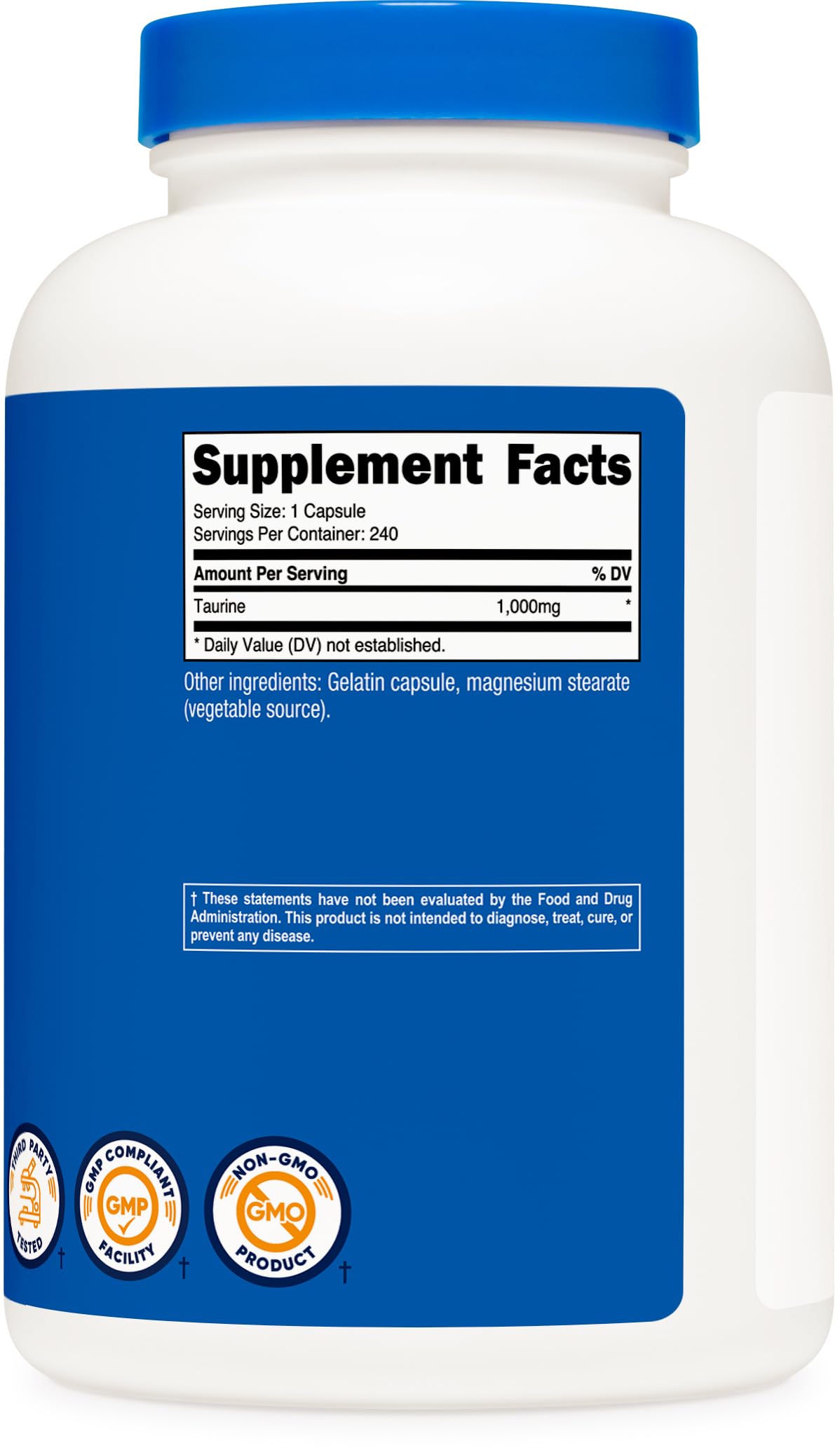 Nutricost Taurina 1000 mg cápsulas sin gluten para dietas equilibradas.
