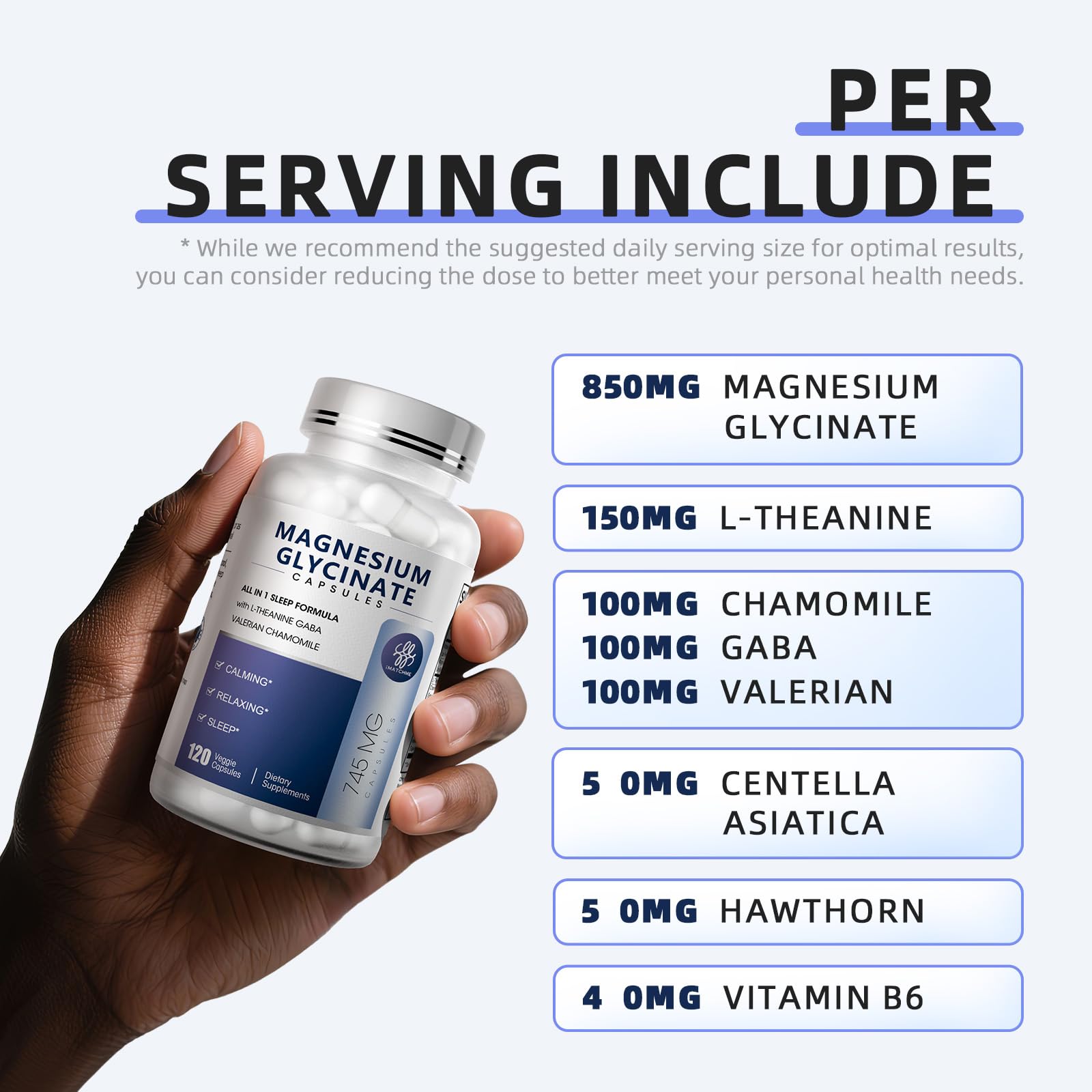 iMATCHME Cápsulas de magnesio 850 mg, dosis y absorción suave.