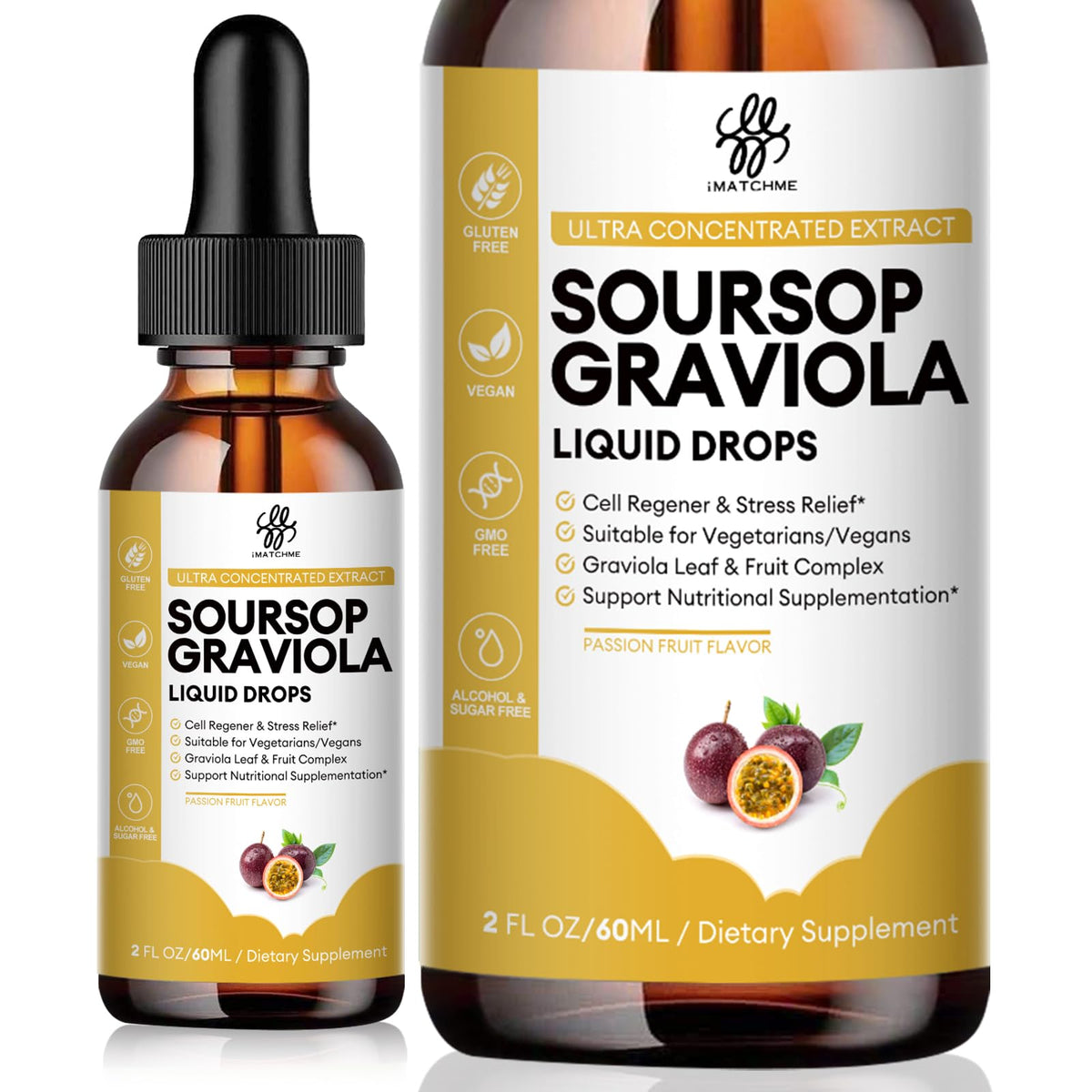 Gotas de iMATCHME Graviola en botella de 2 oz para apoyo digestivo diario.