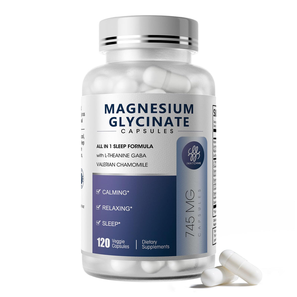 iMATCHME Magnesio Glicinato 850 mg, botella, apoyo diario para sueño y relajación.