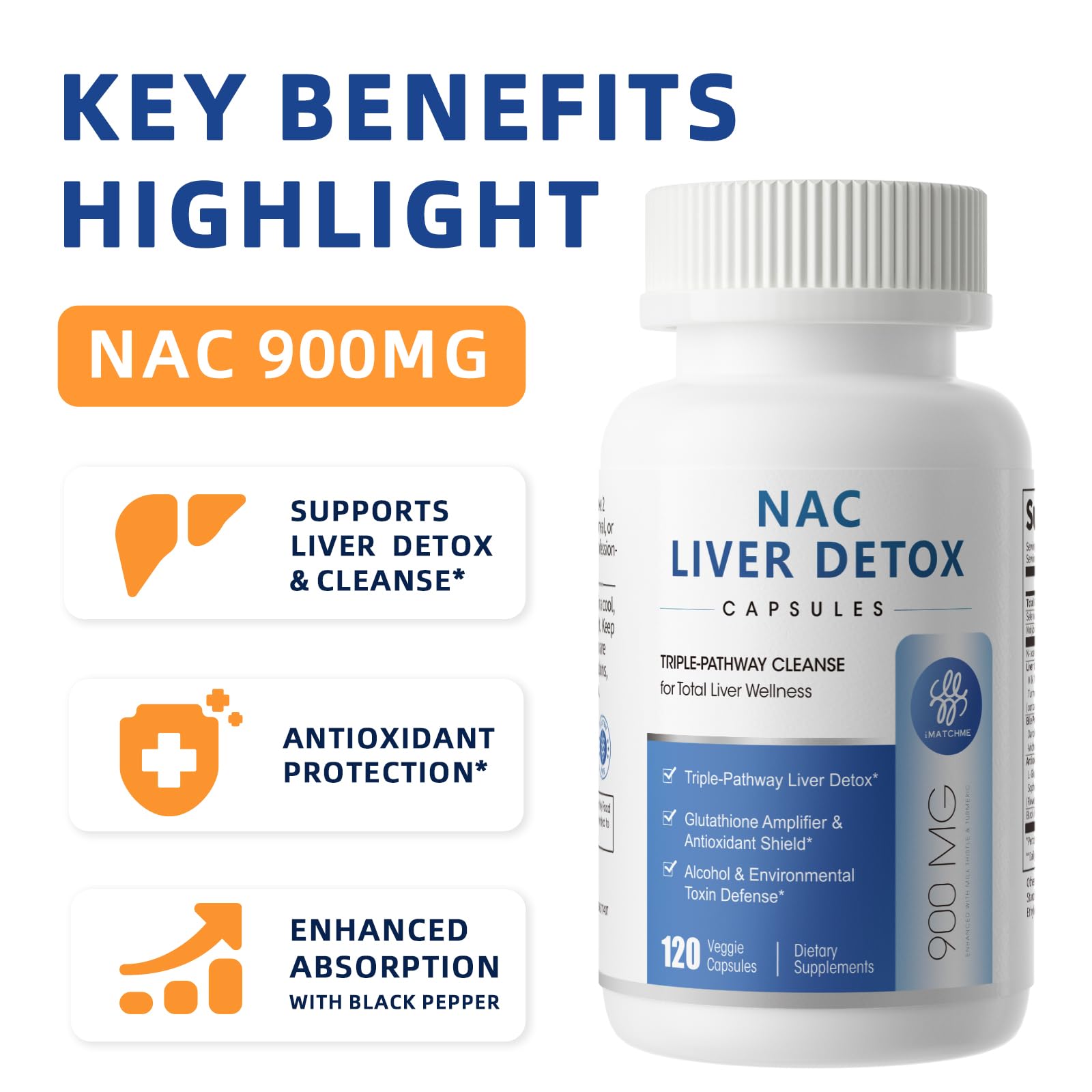 Etiqueta de iMATCHME NAC 900 mg con lista de ingredientes clave.