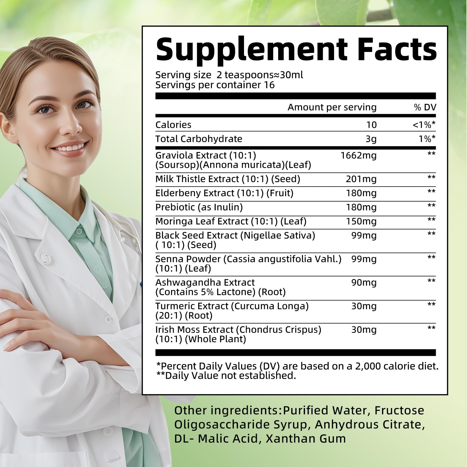 iMATCHME Soursop Bitters: etiqueta resalta beneficios para uso diario.