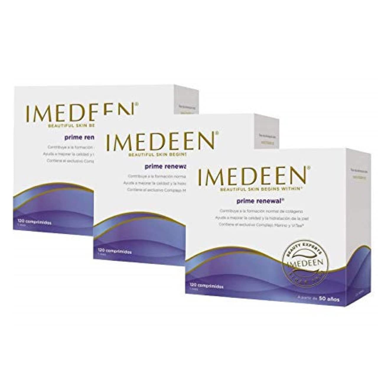 Etiquetas de Imedeen Prime Renewal con información de consumo.