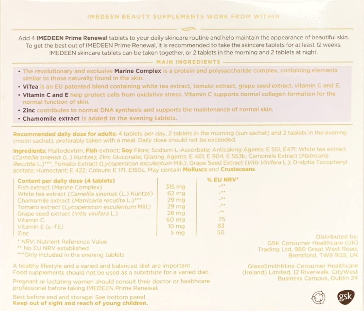 Tabletas de Imedeen Prime Renewal en envase, dosis diaria para cuidado de piel.