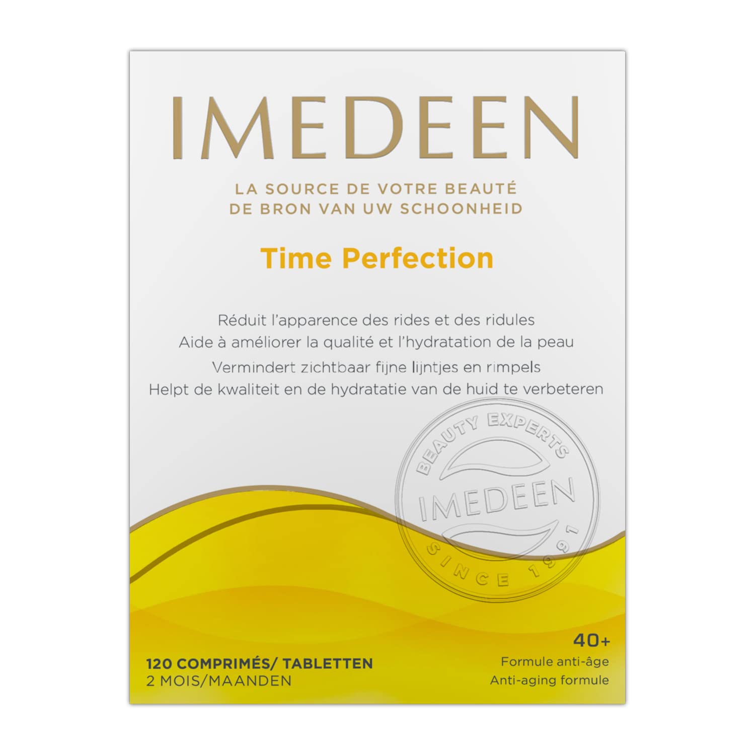 Botella de Imedeen Time Perfection para cuidado diario de la piel.