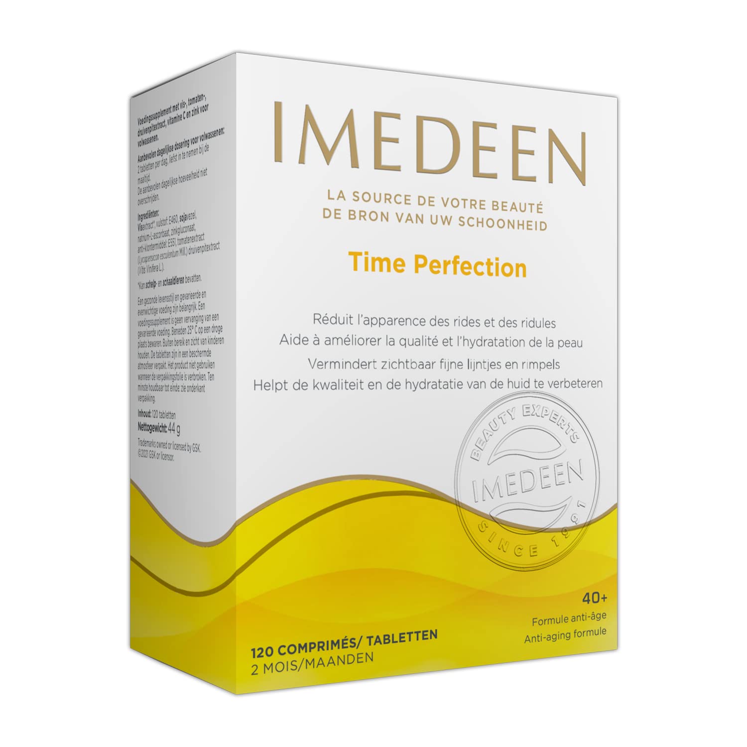 Envase de Imedeen Time Perfection, con fórmula avanzada para la piel.