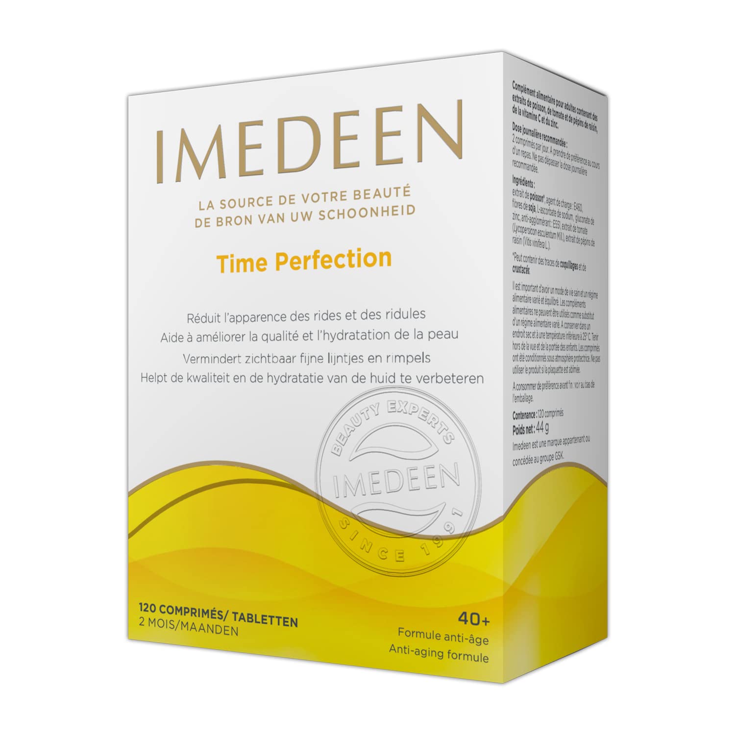 Etiqueta frontal de Imedeen Time Perfection recordando uso diario.