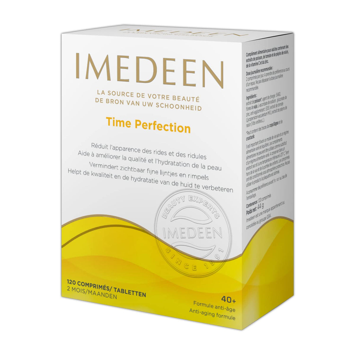Imedeen Time Perfection tabletas en envase, apoyo a la piel desde el interior.