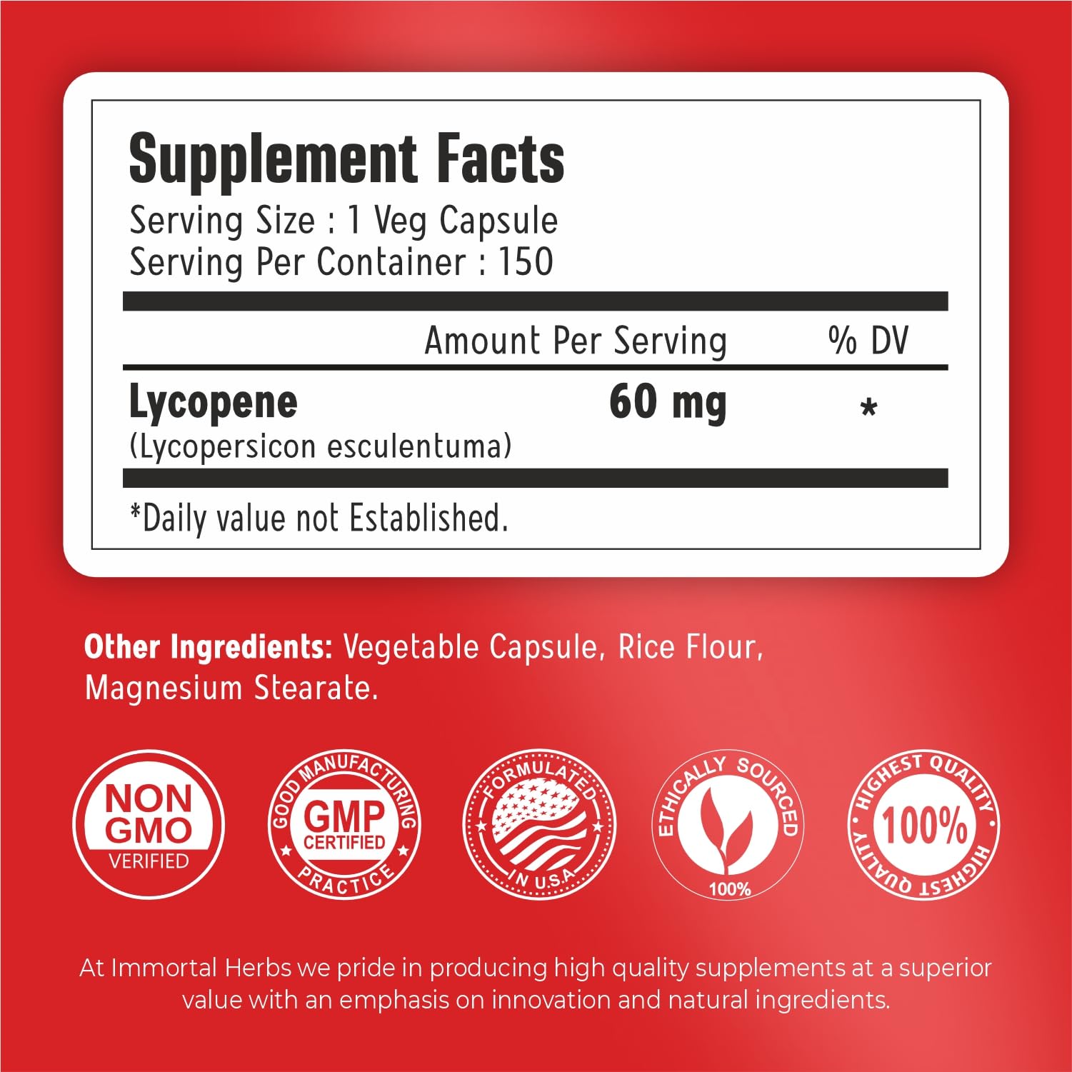 Polvo de tomate licopeno Immortal Herbs, ingrediente natural para una dieta equilibrada.