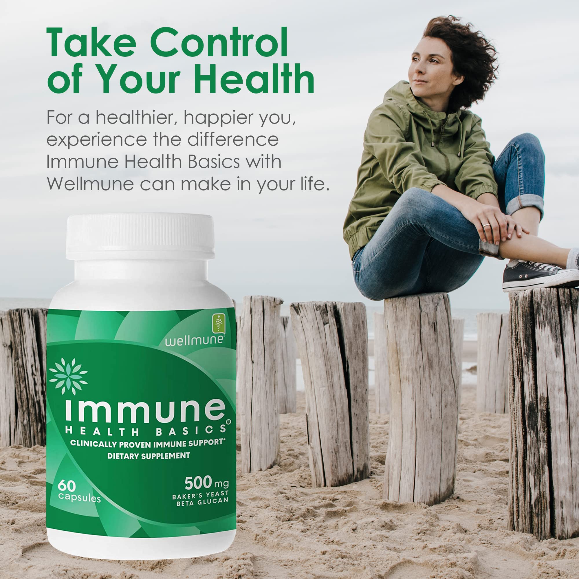 Etiqueta clara de Immune Health Basics con información de beta glucano.