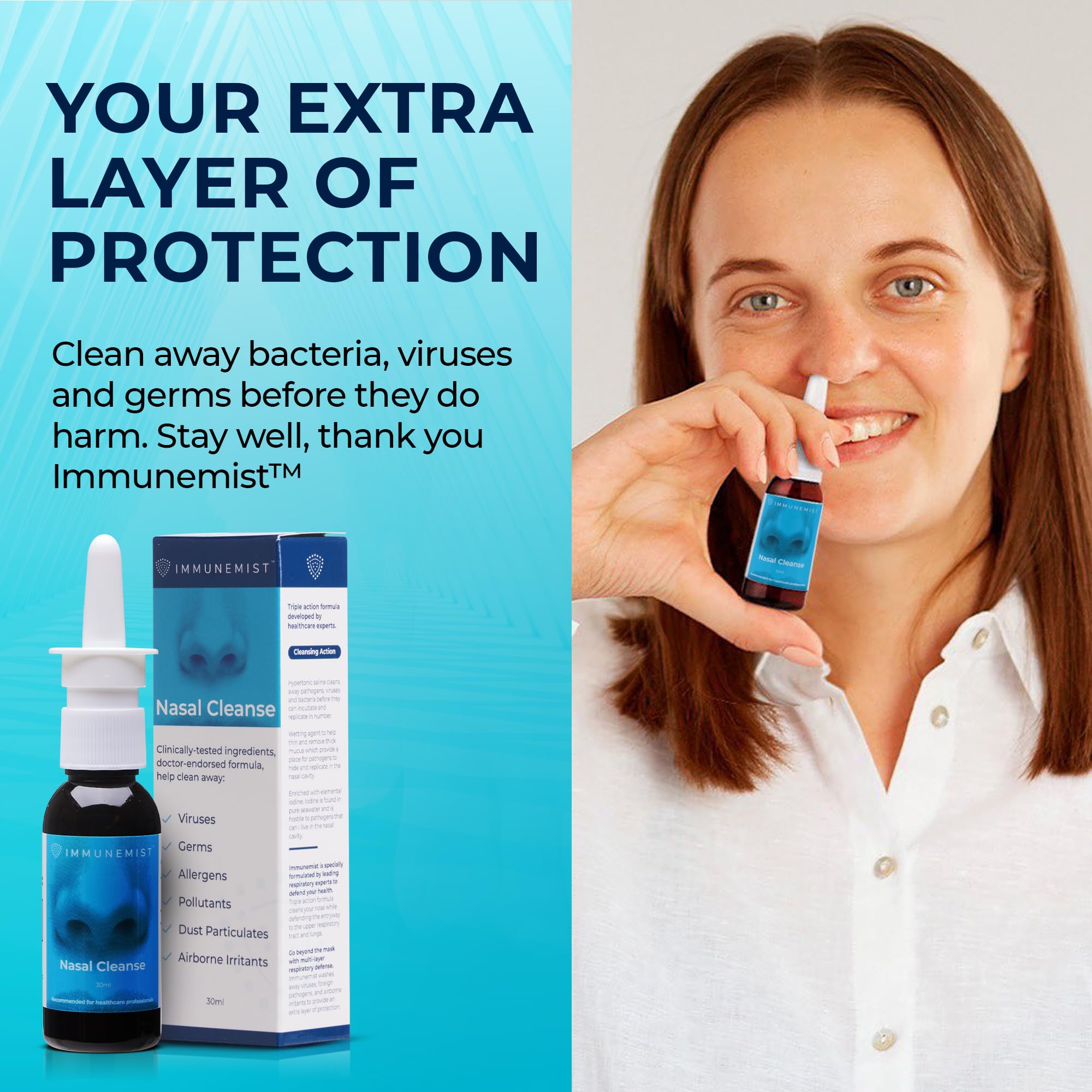 ImmuneMist dispensador nasal en acción, aplicación suave y controlada.