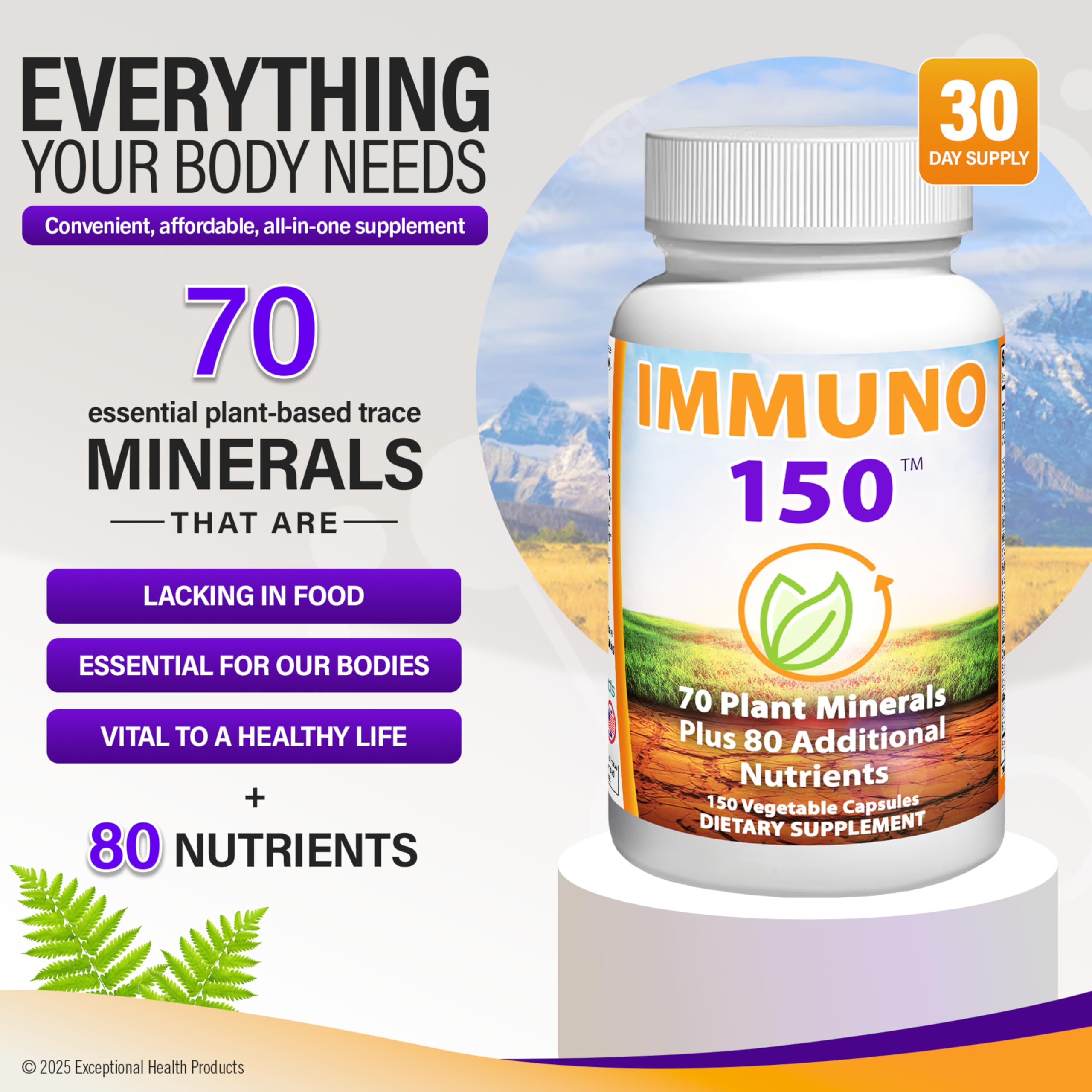 Immuno 150: etiqueta detallada mostrando minerales vegetales y vitaminas clave.