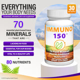 Immuno 150: etiqueta detallada mostrando minerales vegetales y vitaminas clave.