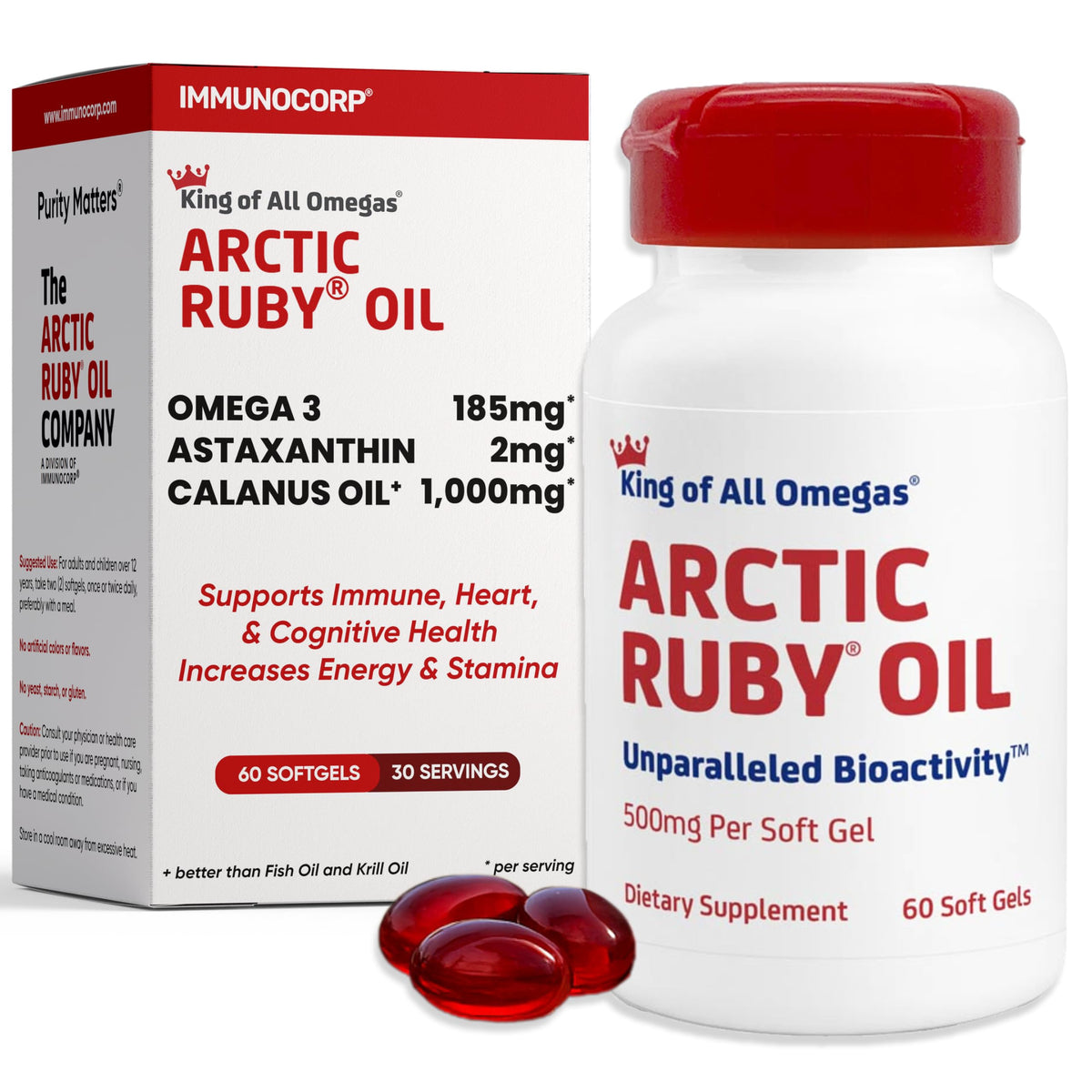 Arctic Ruby Oil Immunocorp: botella de cápsulas para salud general.