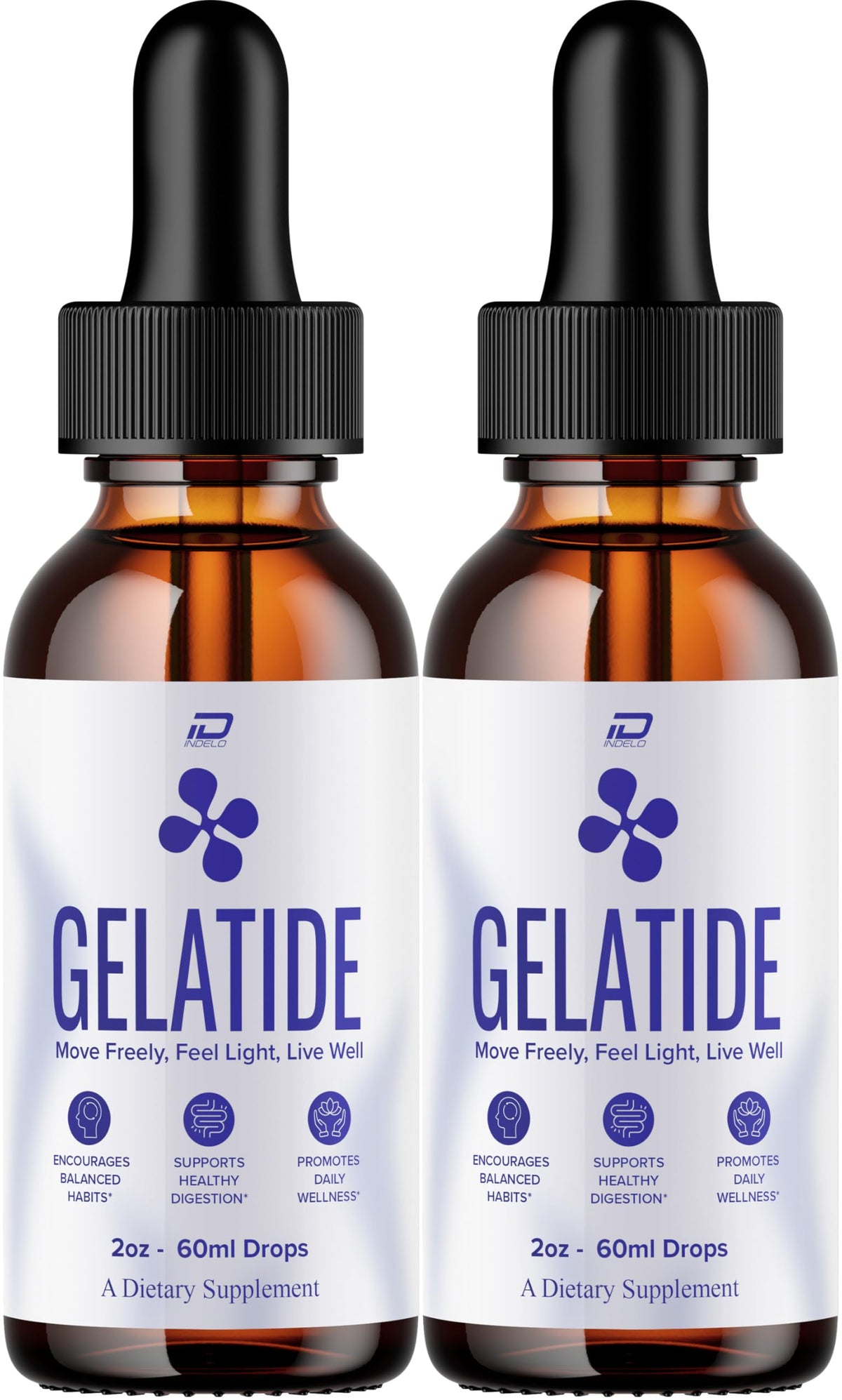 Indelo Gelatide Drops en botella de dos meses para uso diario.