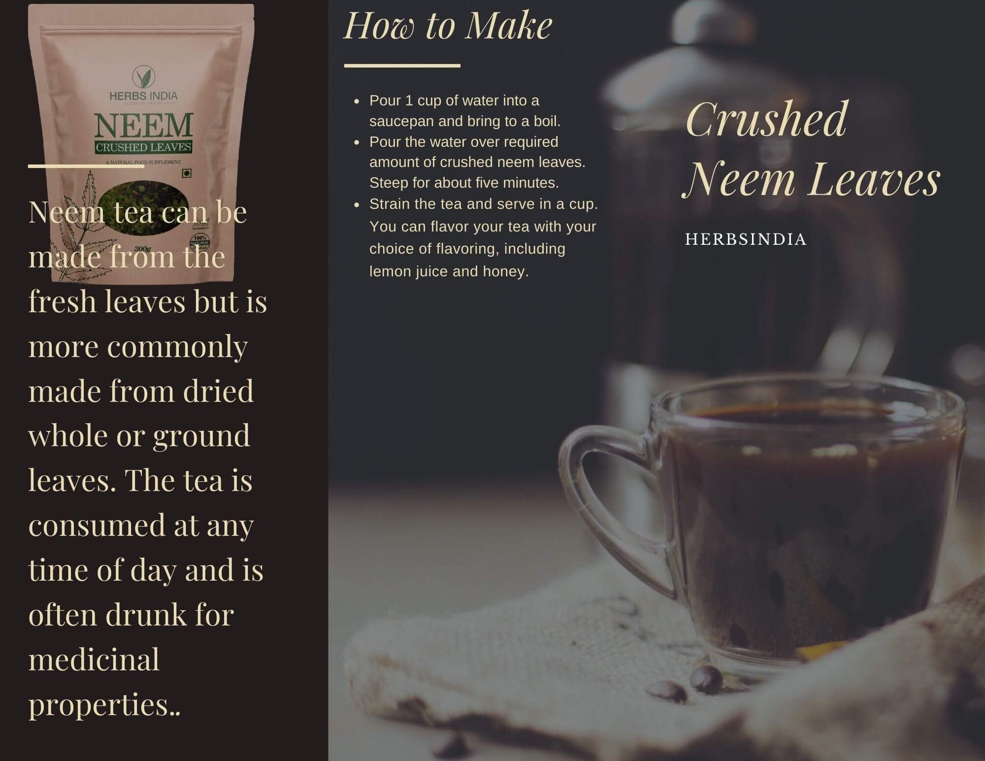 india herbs neem: té en taza con hojas trituradas para sabor suave.