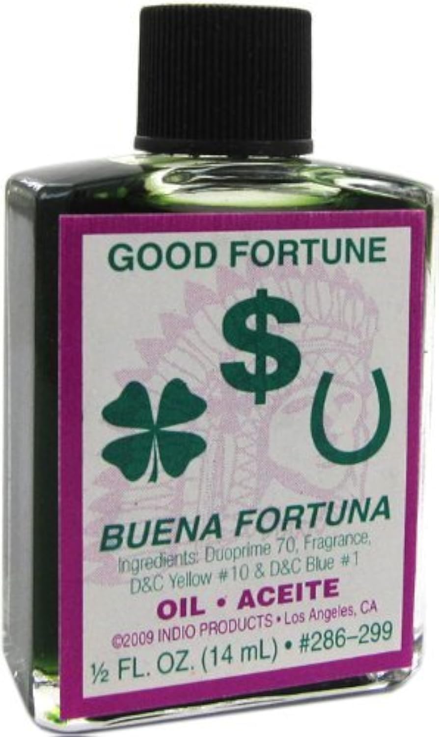 INDIO Aceite Buena Fortuna en botella para rituales y meditaciones.
