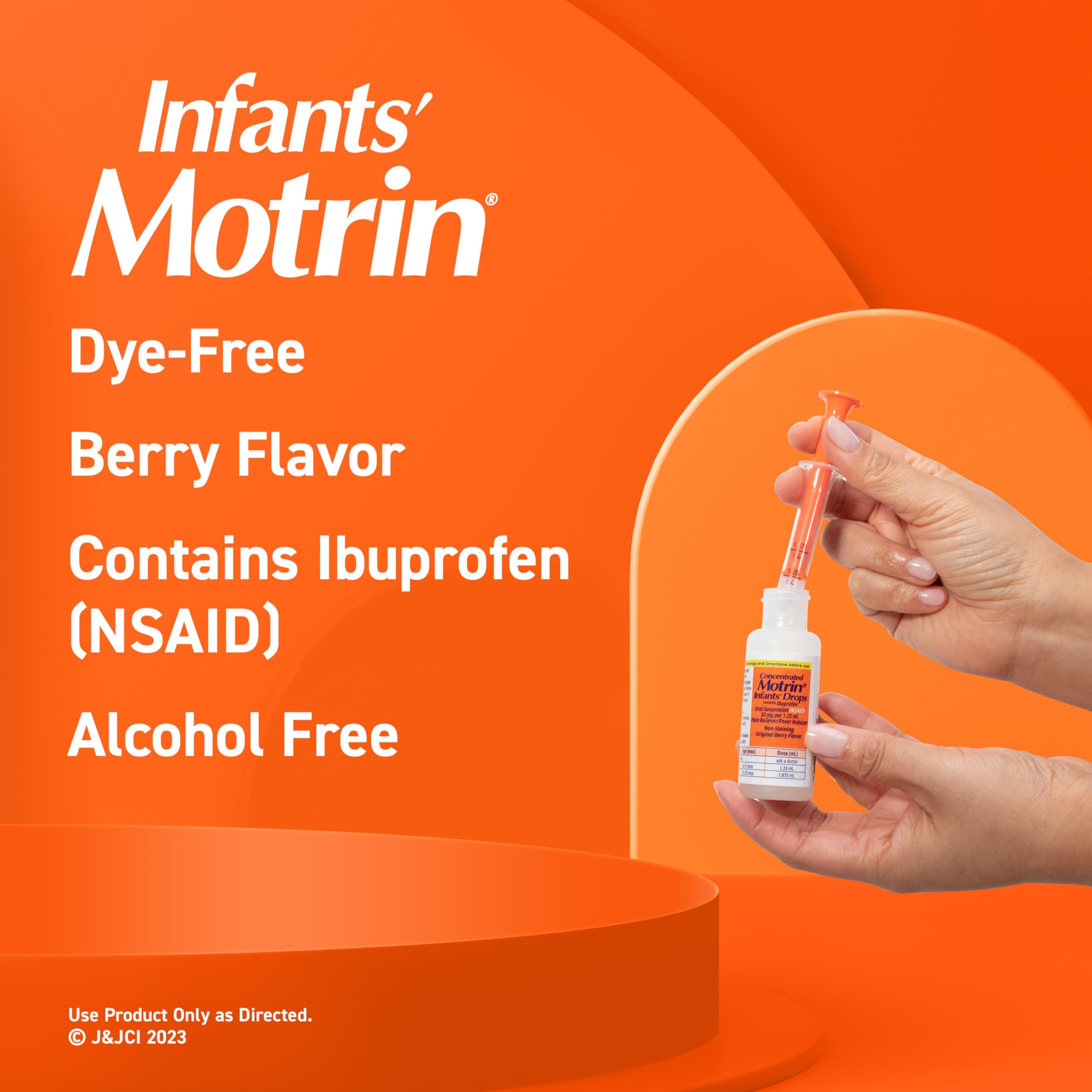 Infants' Motrin suspensión sabor frambuesa para confort temporal en lactantes.