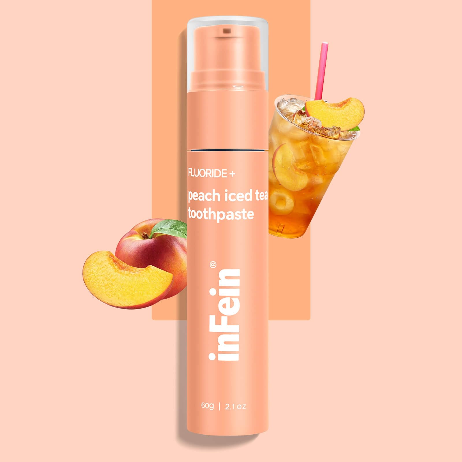 Pasta dental inFein Peach Iced Tea en frente de empaque, sabor refrescante