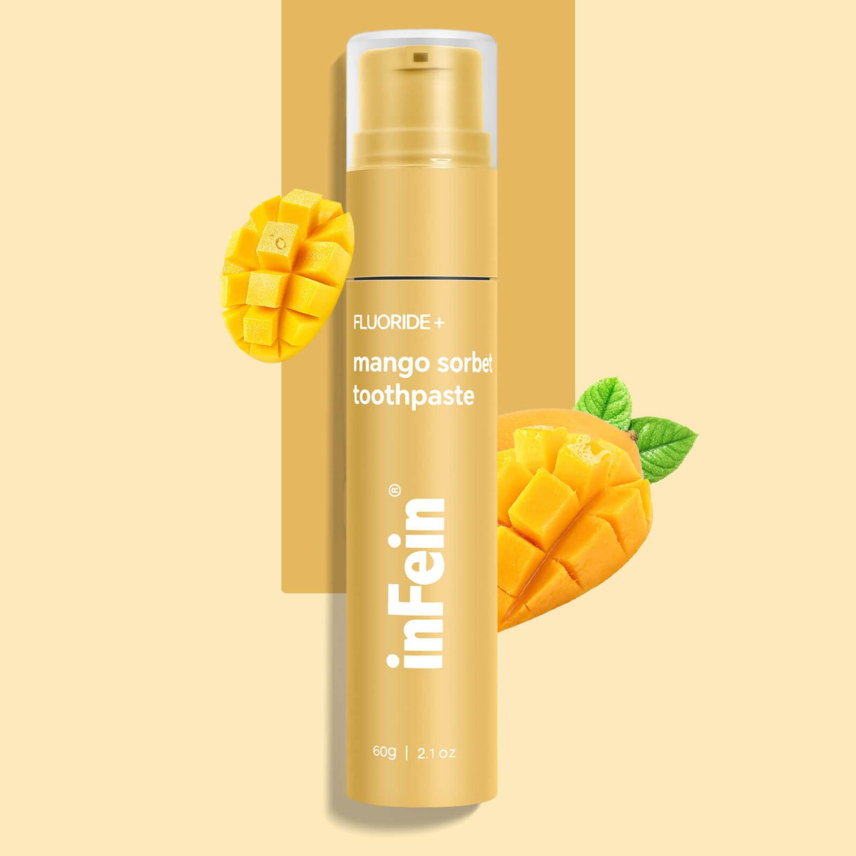 Pasta dentífrica inFein Mango Sorbet muestra sabor mango para cepillado placentero.