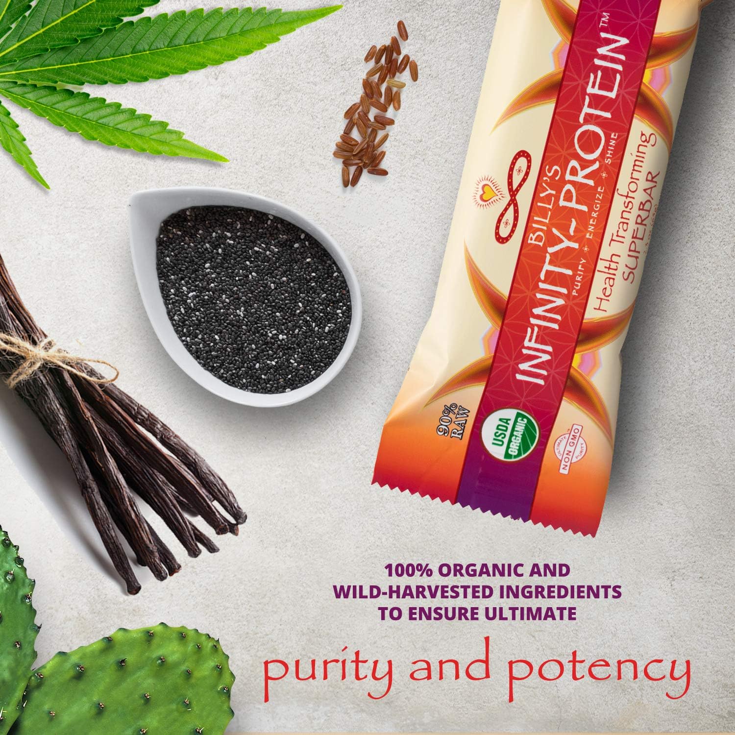 Barra Infinity Greens orgánica, ingredientes naturales y densidad nutricional.