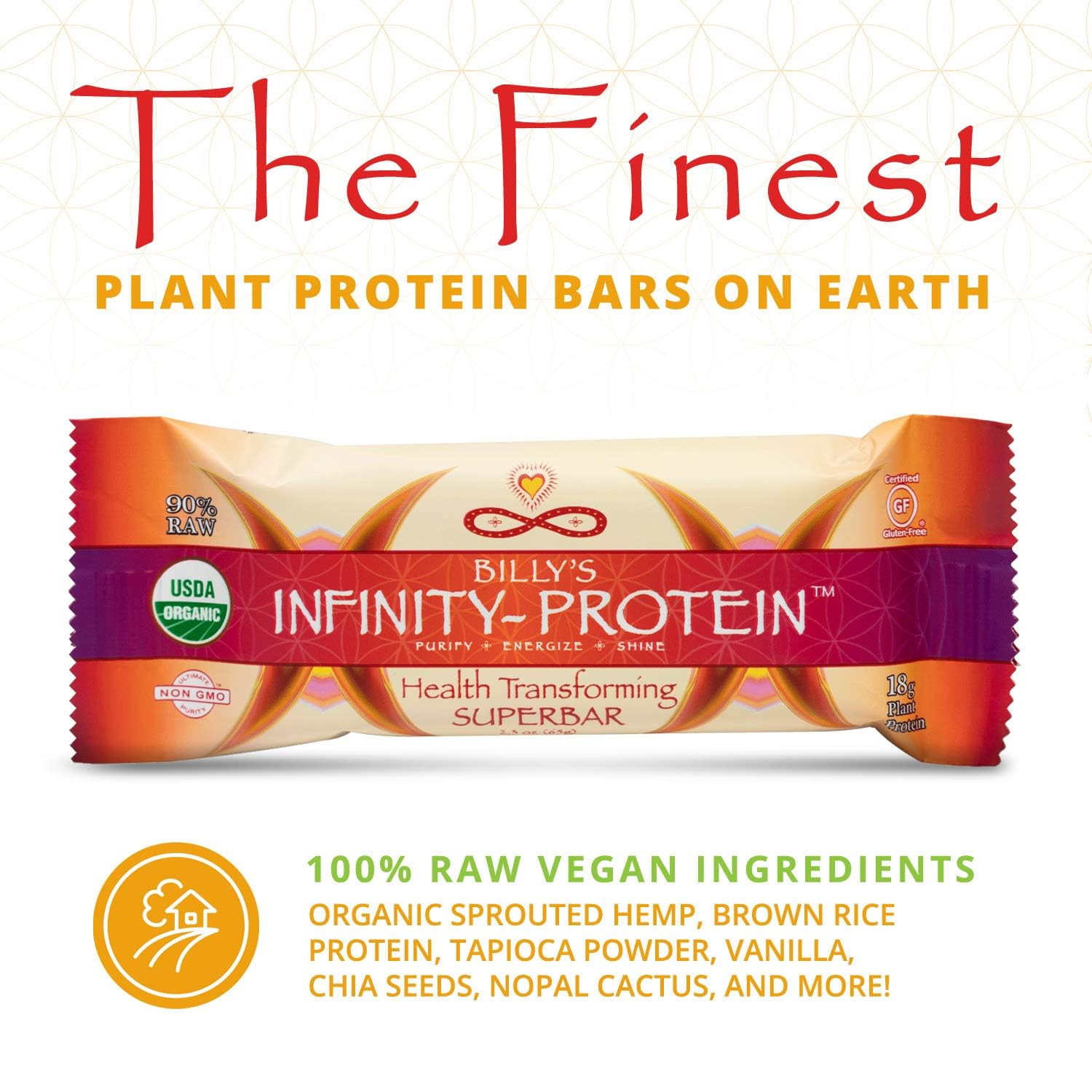 Barra Infinity Greens sin gluten, snack proteico vegetal.