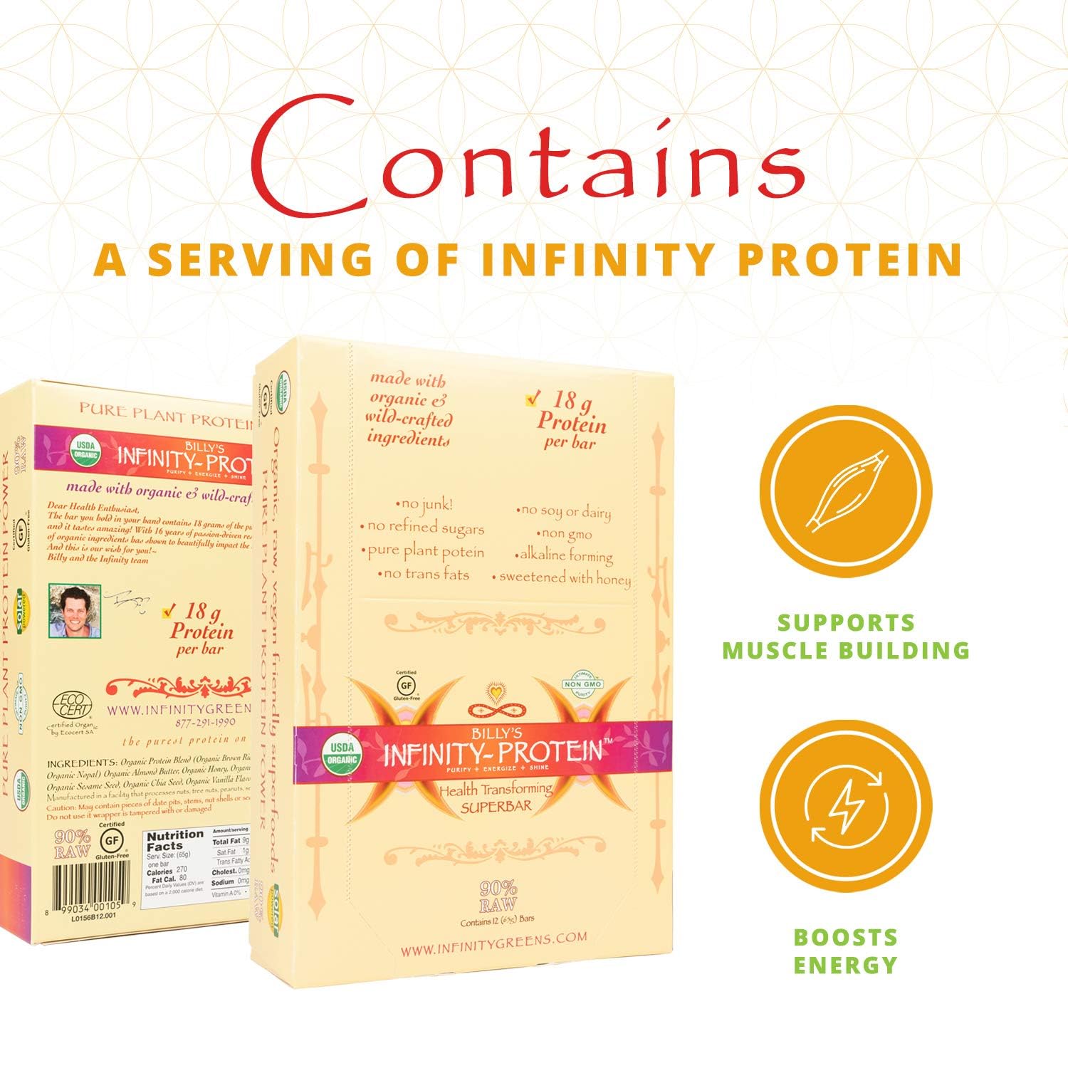 Barra Infinity Greens sin lácteos, apta para dietas.