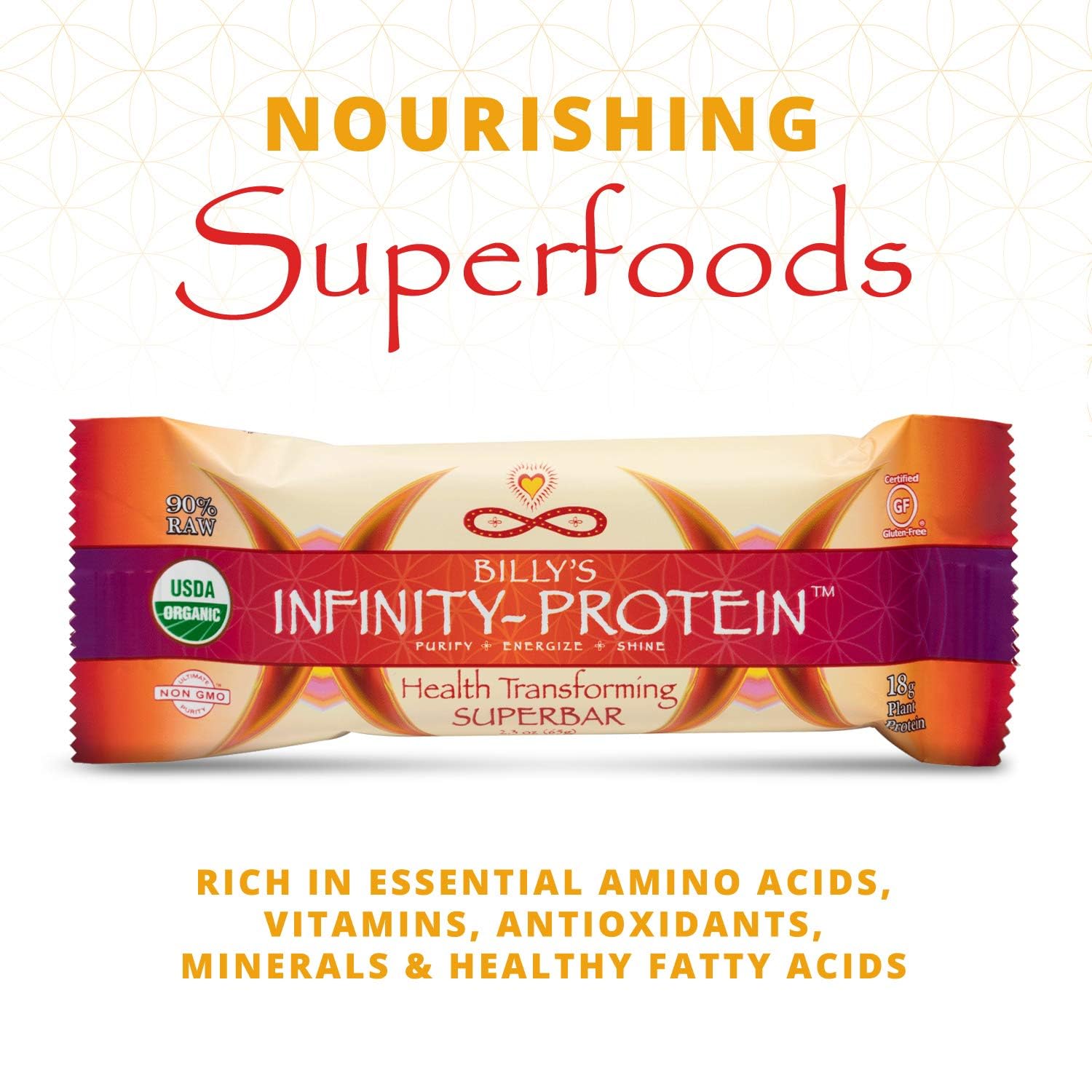Barra Infinity Greens sin soja, fuente de proteína vegetal.