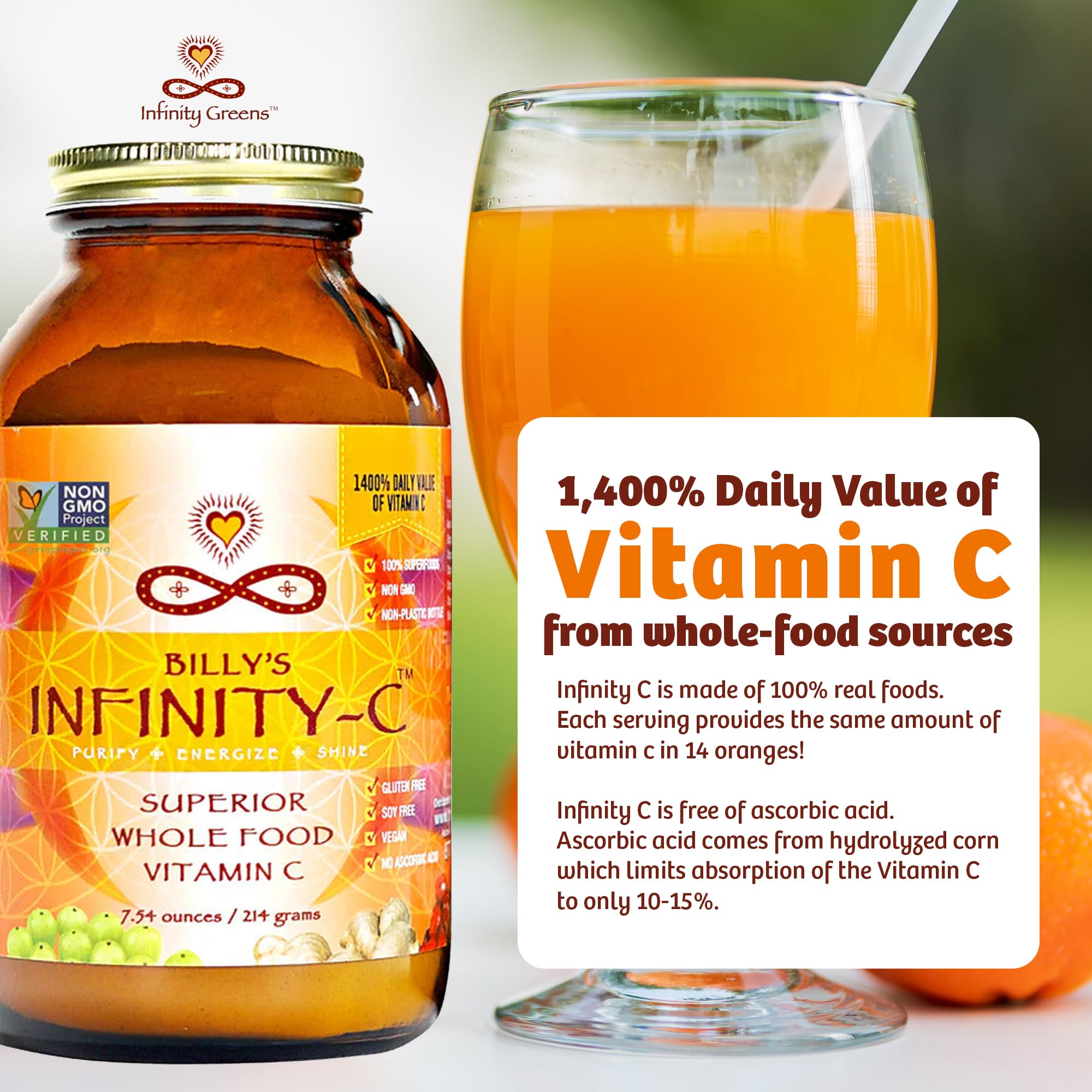 Infinity Greens Infinity-C-frutas-acerola-camu-camu-amla: mezcla de fruta entera para vitamina C natural.
