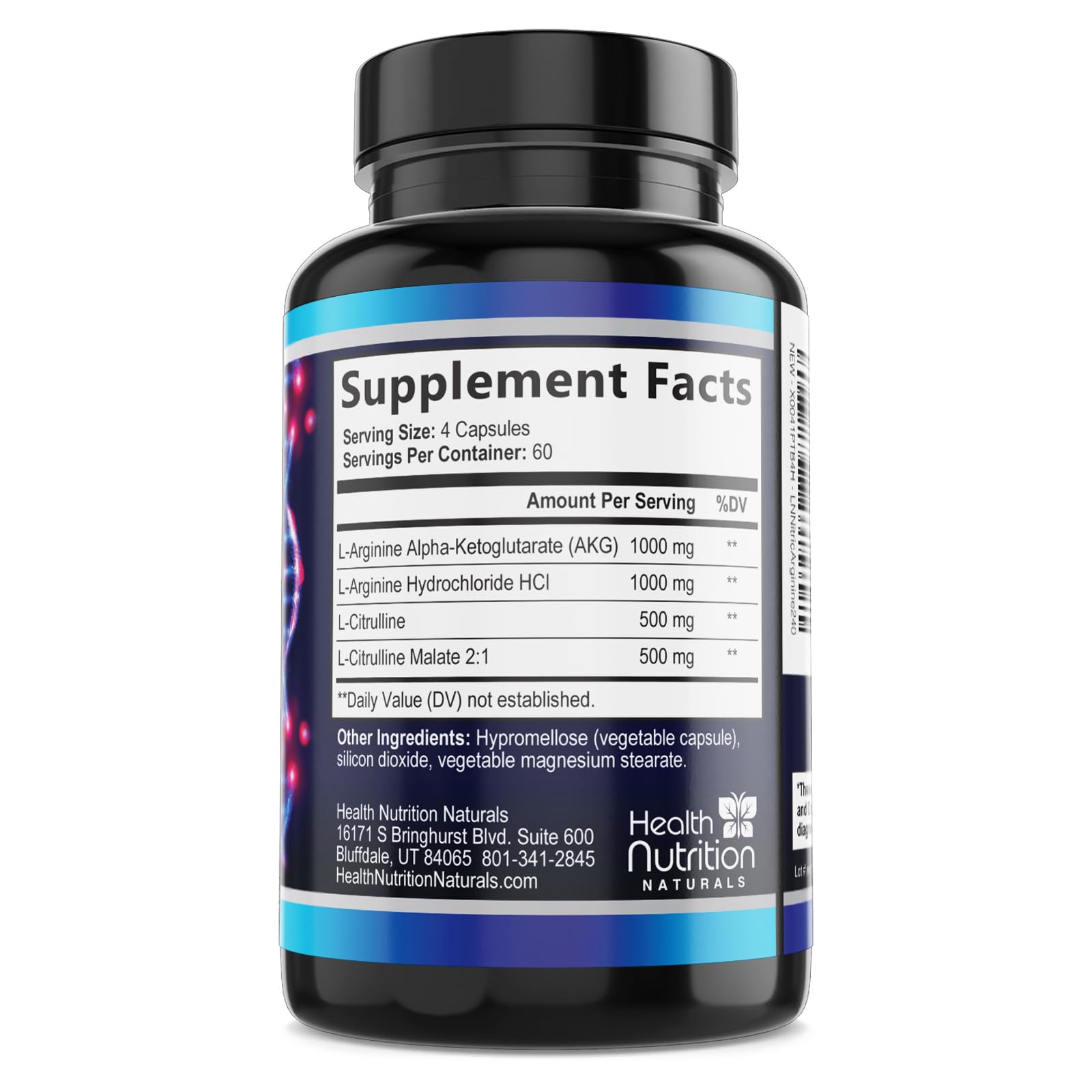Health Nutrition Naturals: ingredientes clave, arginina y citrulina, para soporte de rendimiento.