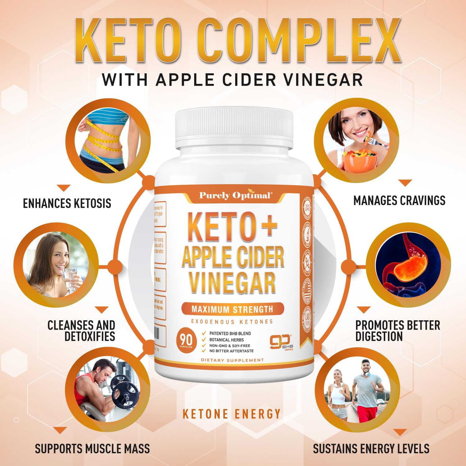 Ingredientes de Purely Optimal Keto BHB ACV para bienestar diario.