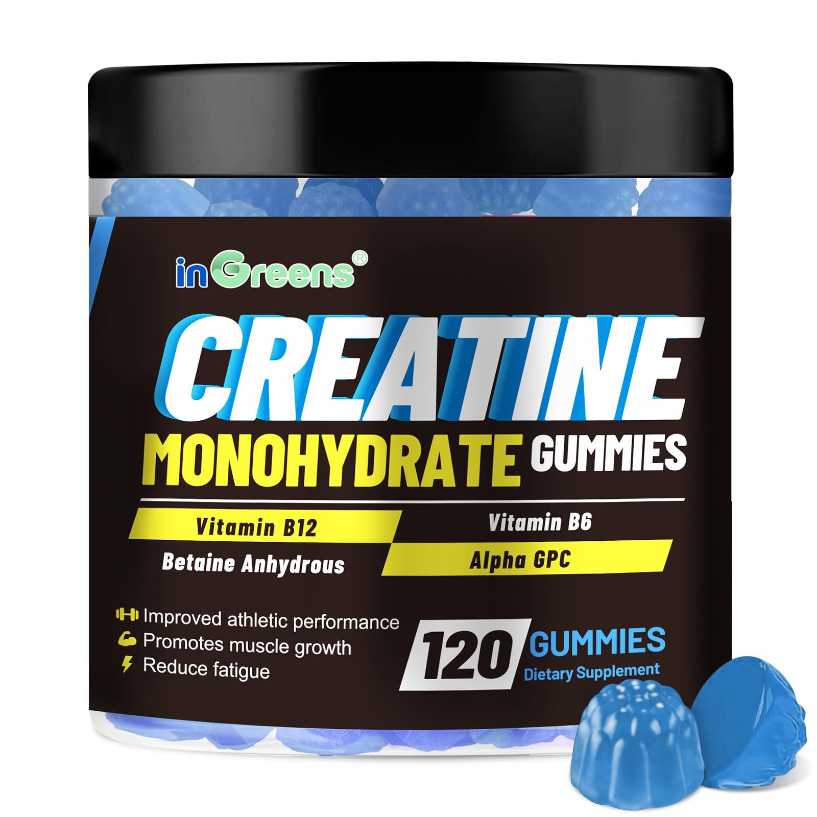 inGreens Creatina Monohidrato Gominolas, empaque frontal para consumo diario.