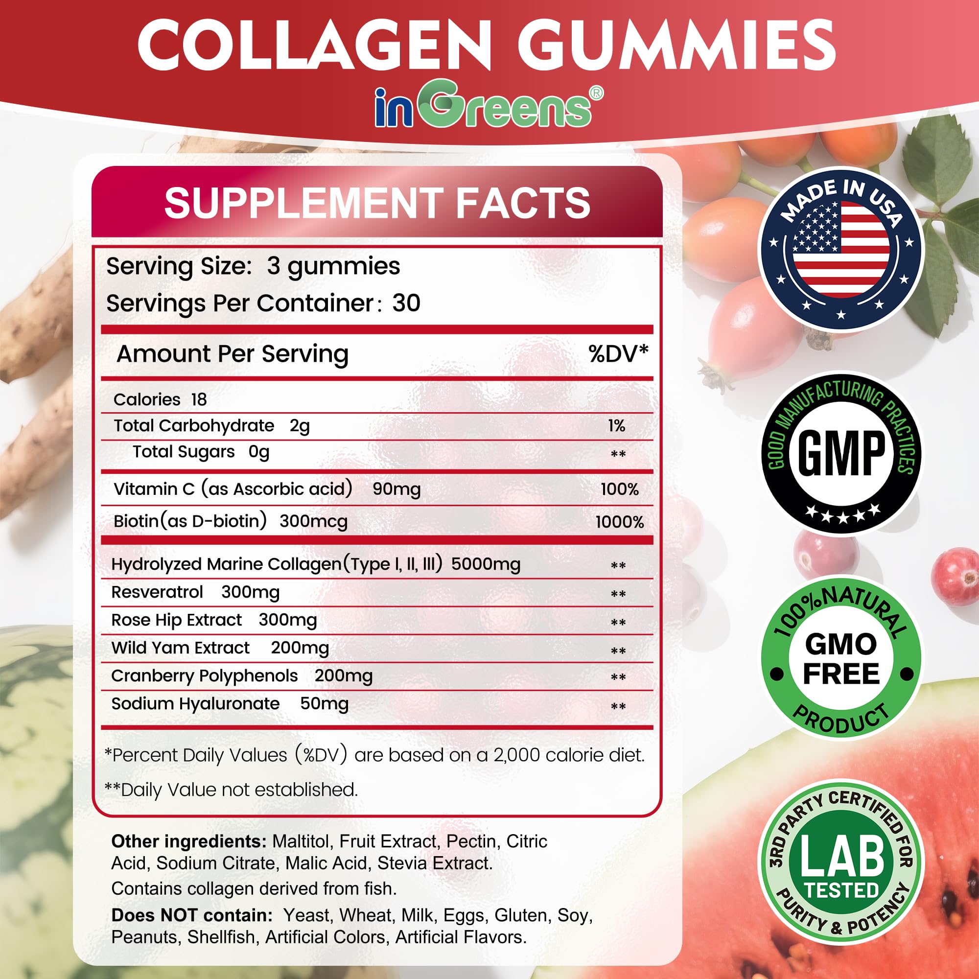 inGreens gomitas sin azúcar con biotina para brillo y nutrición.