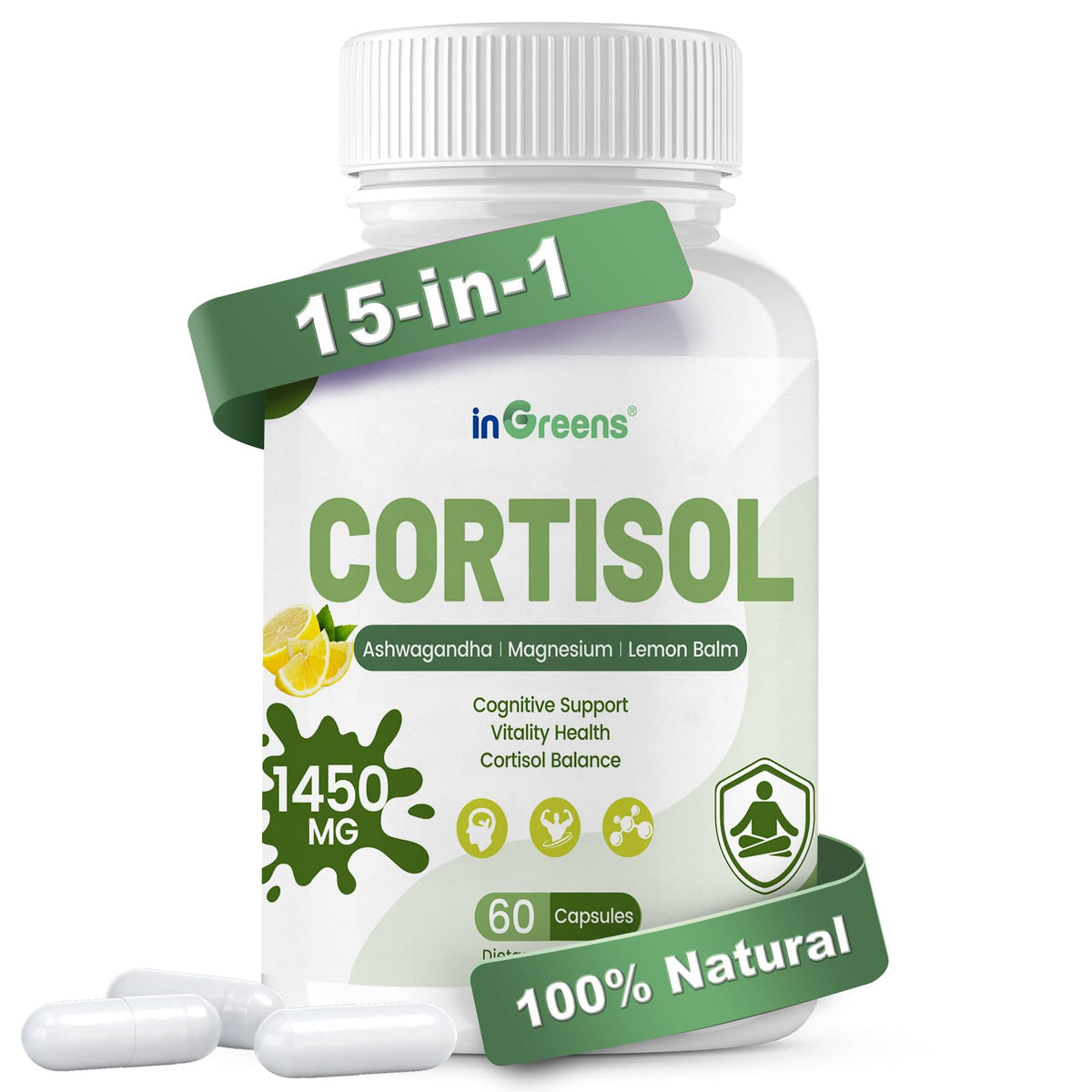 inGreens Suplemento cortisol, botella de cápsulas para equilibrio hormonal y bienestar