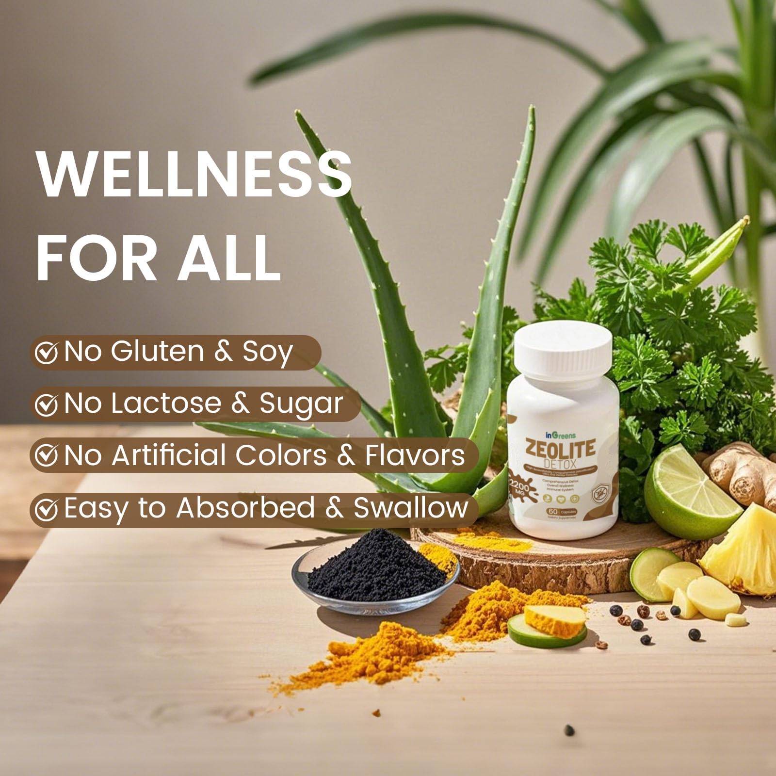 Montaje de ingredientes naturales en inGreens Zeolite Detox para bienestar.