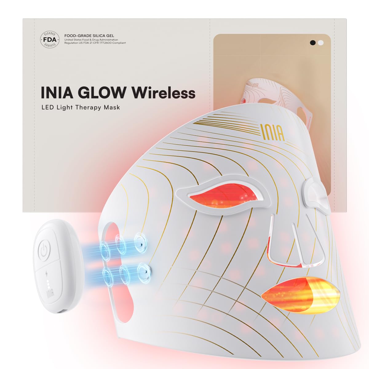 INIA máscara luz roja para la piel, uso cómodo y portátil.