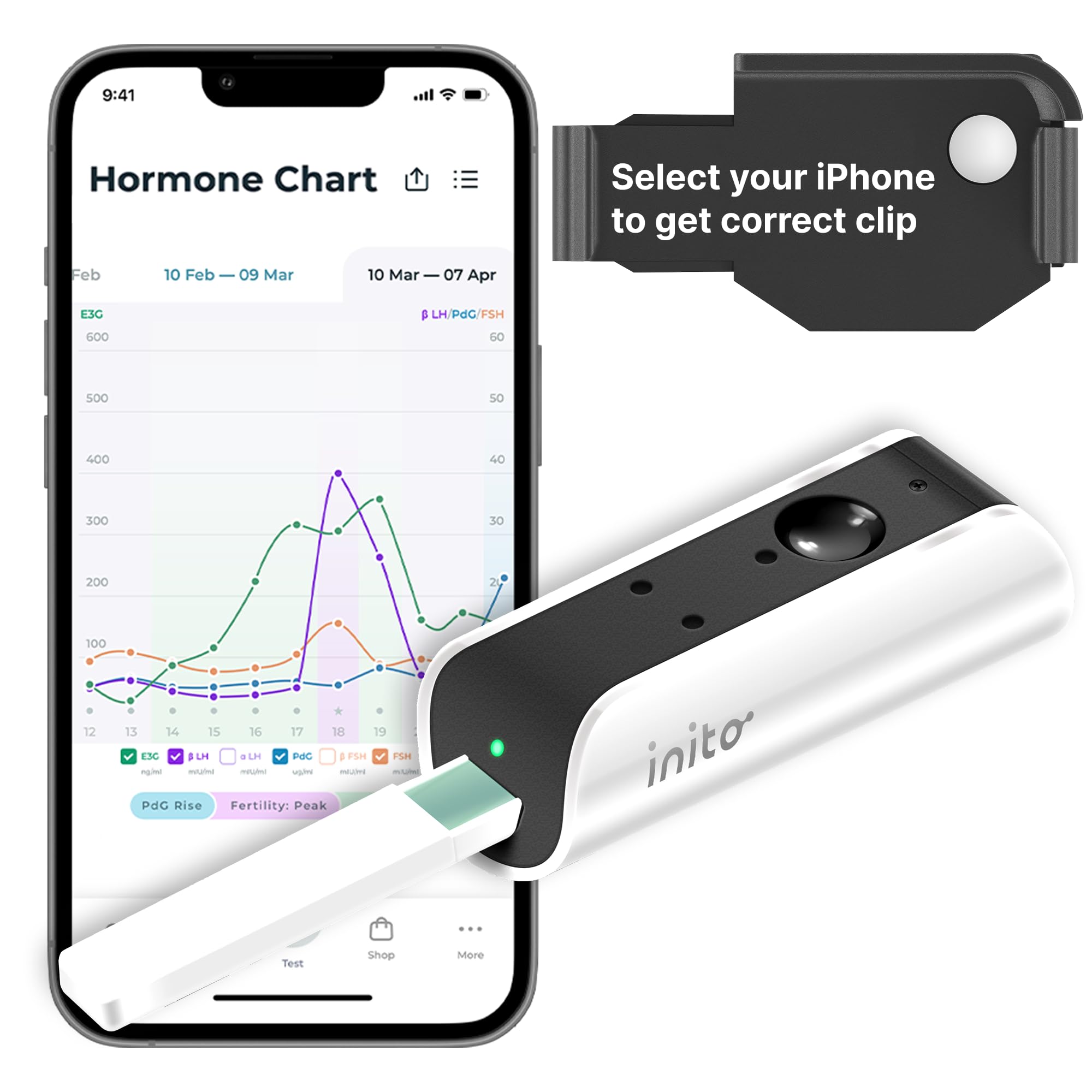 Inito monitor de fertilidad con iPhone 16 Pro, lectura clara de cuatro hormonas.