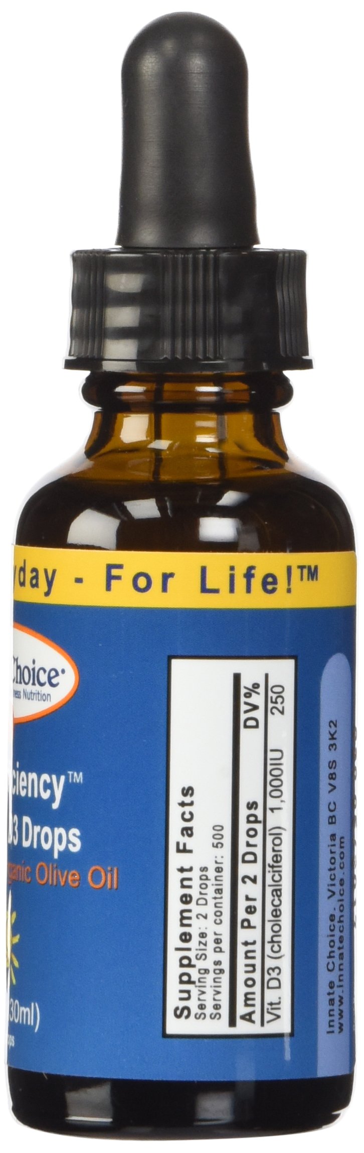 Innate Choice D Suficiencia Vitamina D3 derivada de lanolina, gotas de 500 UI para uso diario.