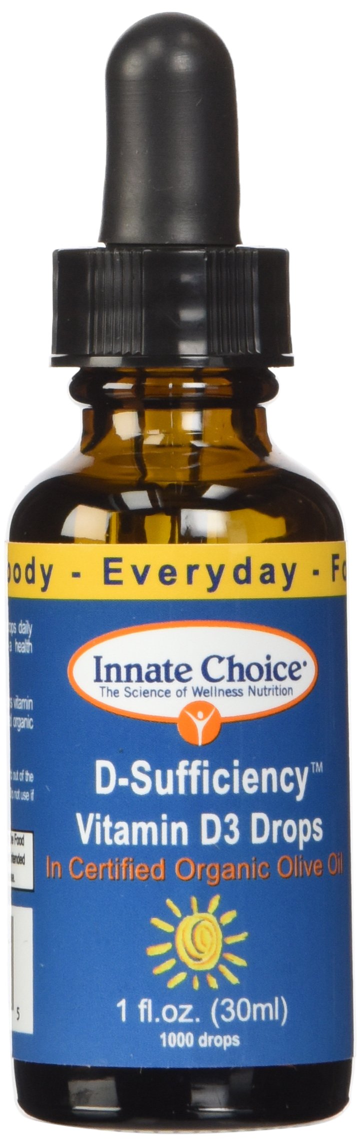 Innate Choice D Suficiencia Vitamina D3 líquida, frasco 1 onza, fácil de dosificar para la rutina diaria.