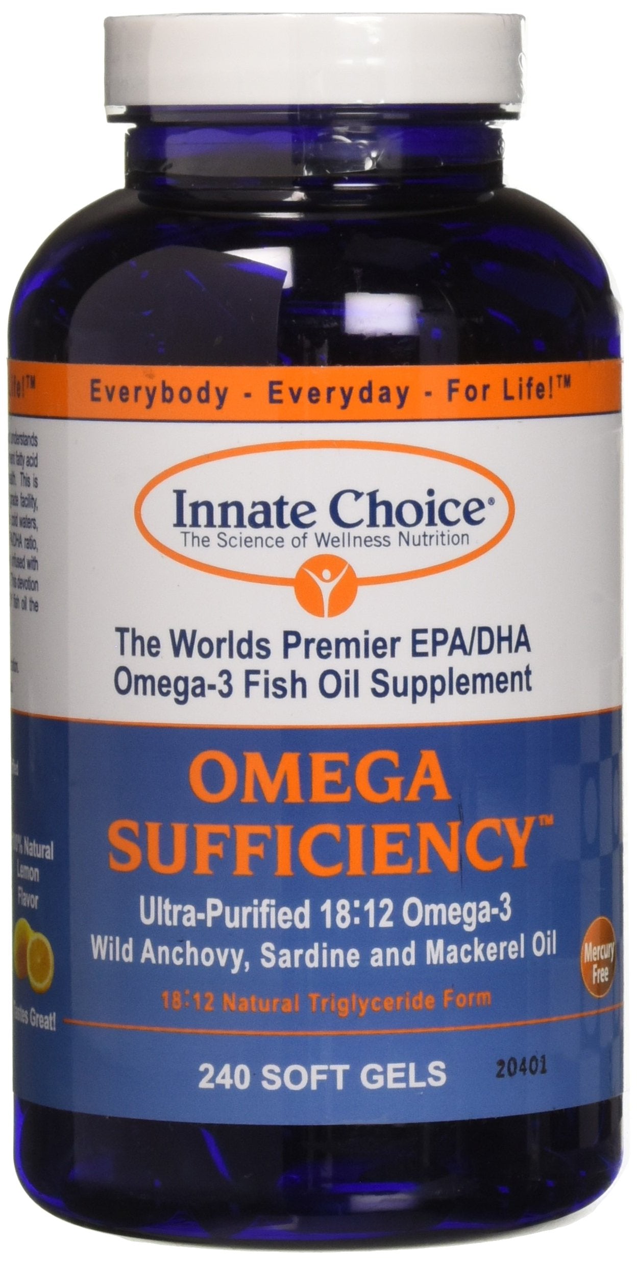 Innate Choice Omega Sufficiency Lemon botella de cápsulas, sabor a limón, ideal para uso diario.