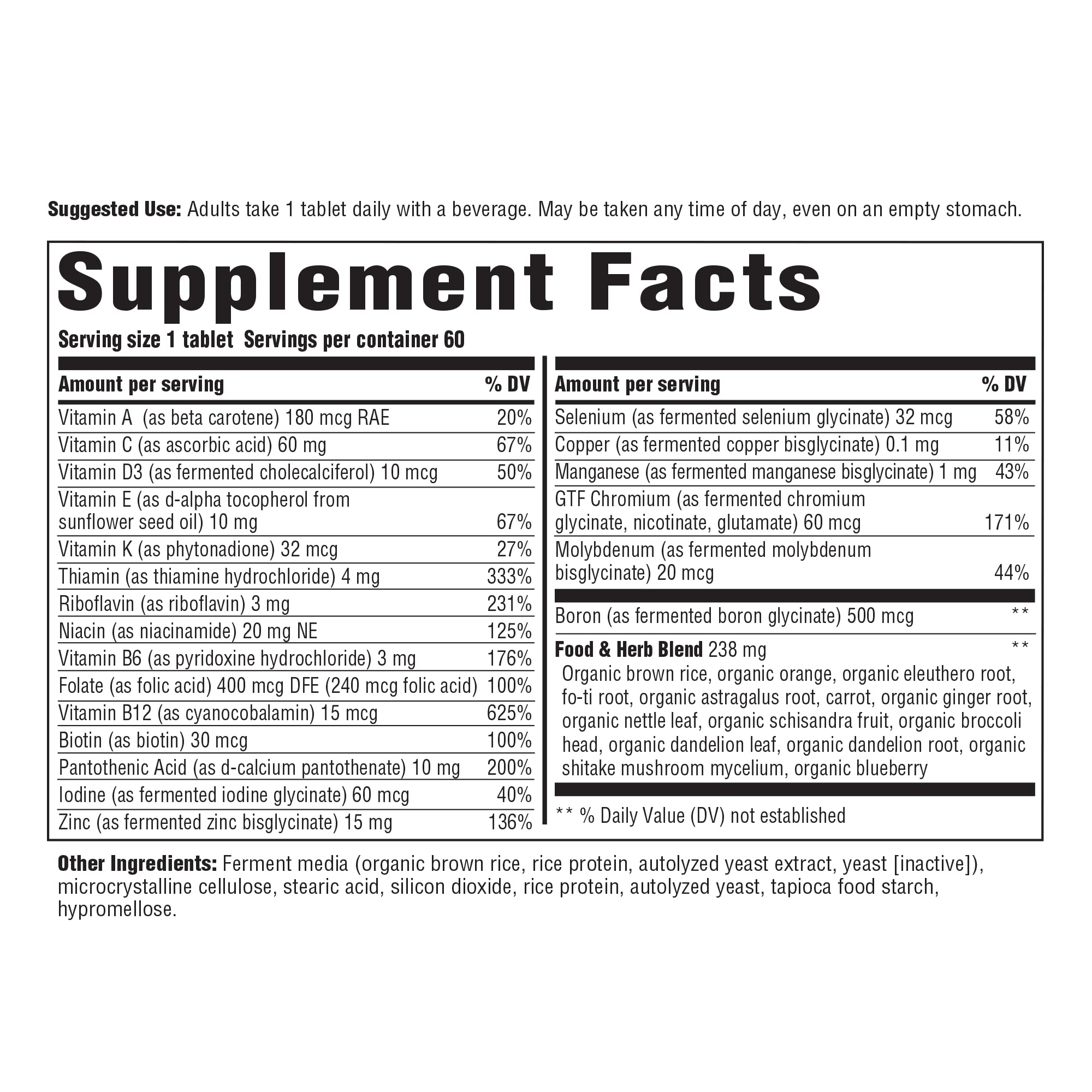 Etiqueta nutricional de Innate Response Formulas, caja clara para plan diario.