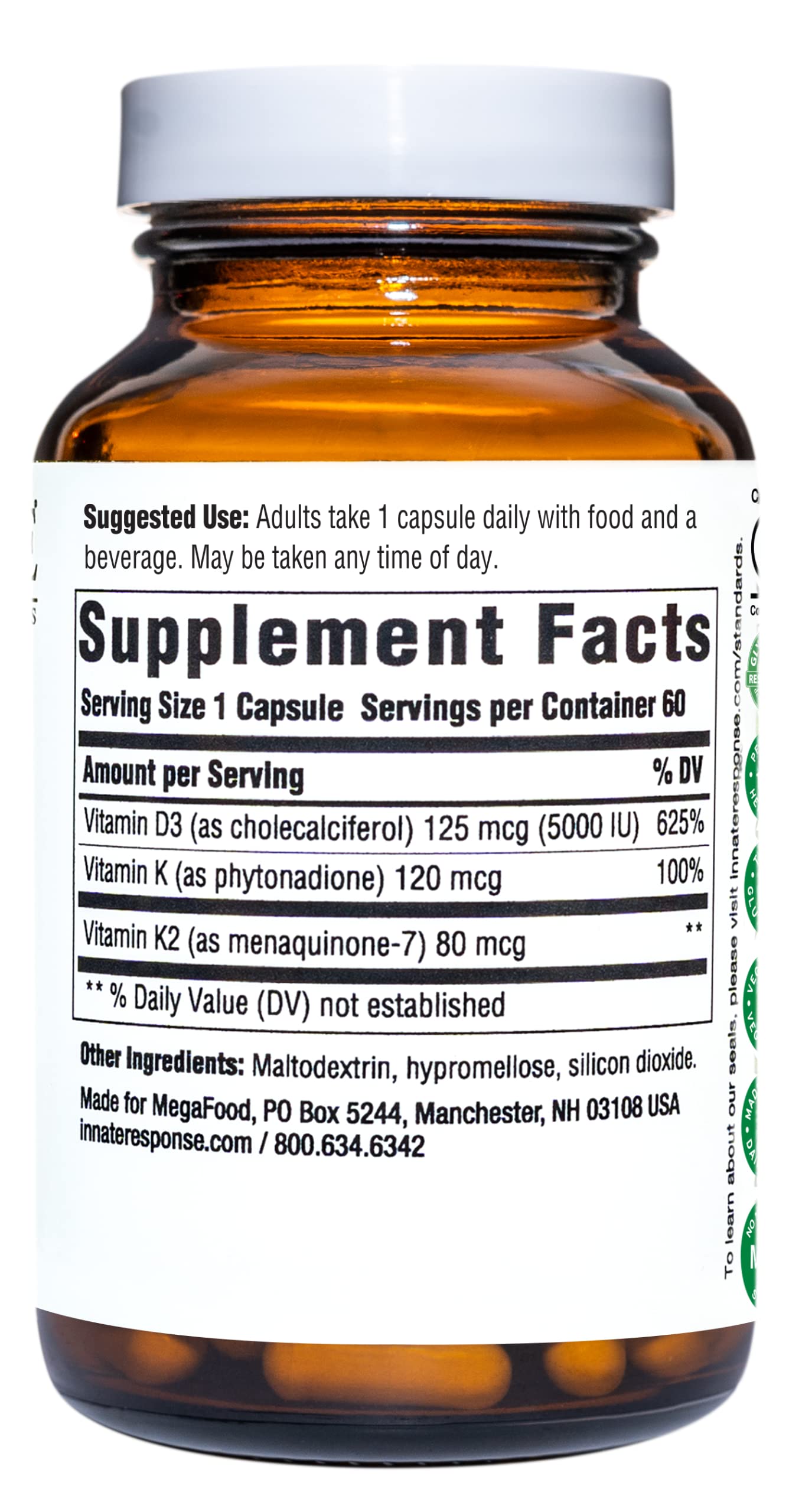 Mezcla vegetariana D3, K1 y K2 de Innate Response Formulas para bienestar diario