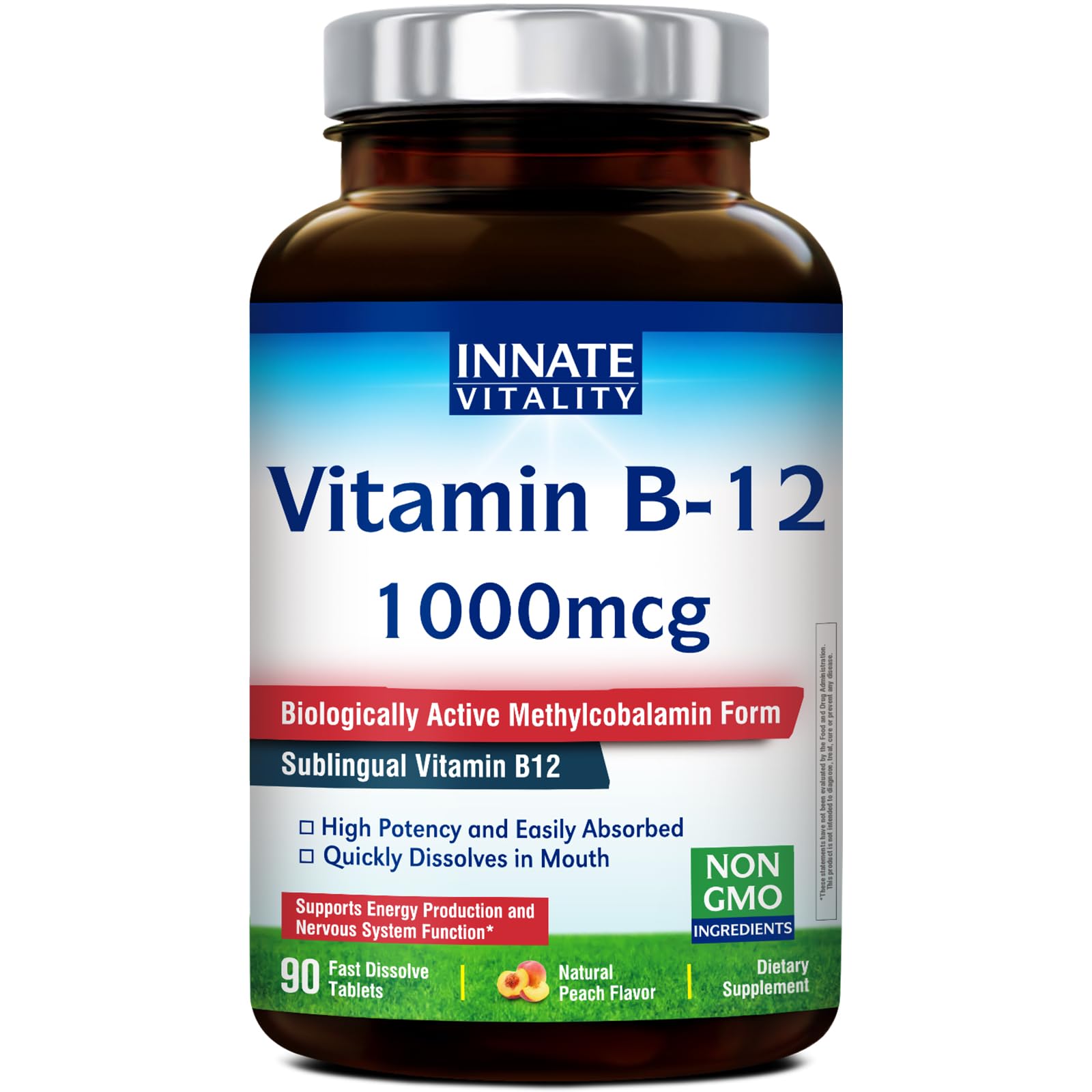 Innate Vitality B12 1000mcg tableta sublingual sabor melocotón para energía diaria